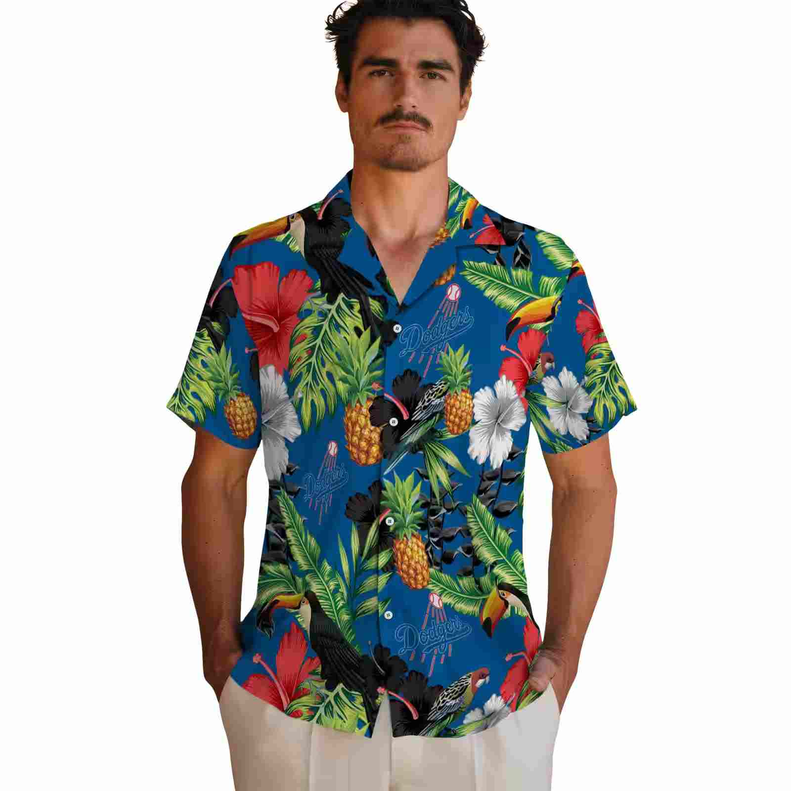 los angeles dodgers toucan hibiscus pineapple blue green hawaiian shirt fashion forward