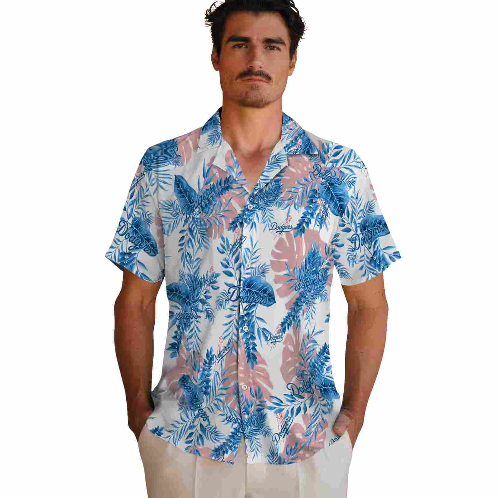 los angeles dodgers tropical leaves white hawaiian shirt fashion forward