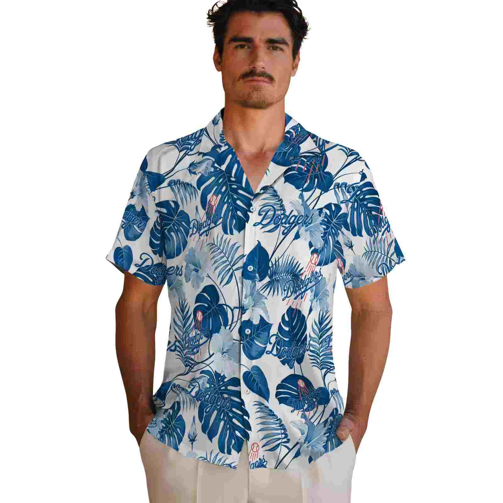 los angeles dodgers tropical plants blue white hawaiian shirt fashion forward