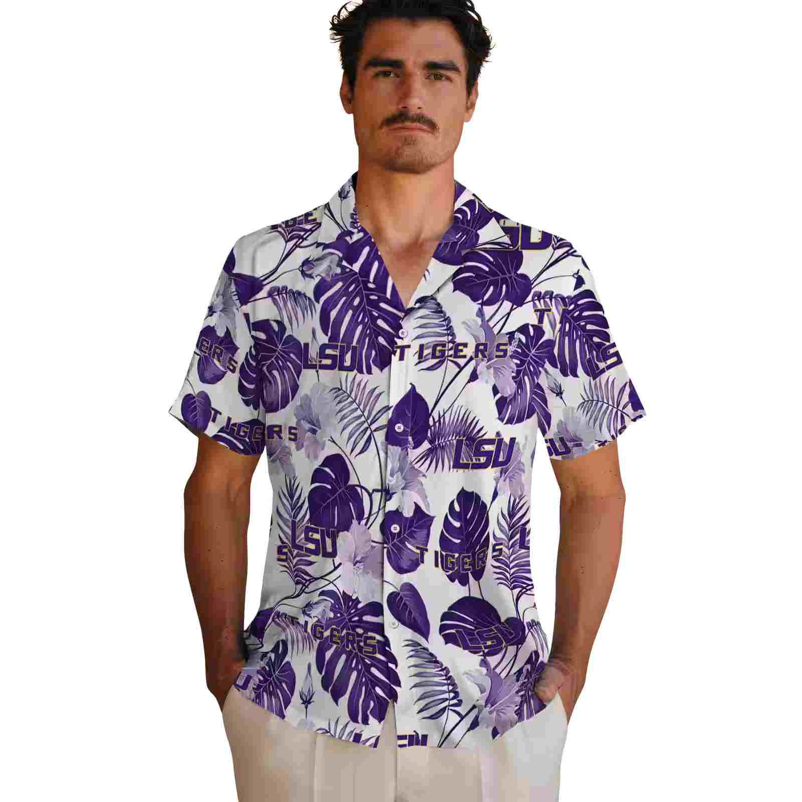 lsu tigers tropical plants purple white hawaiian shirt fashion forward