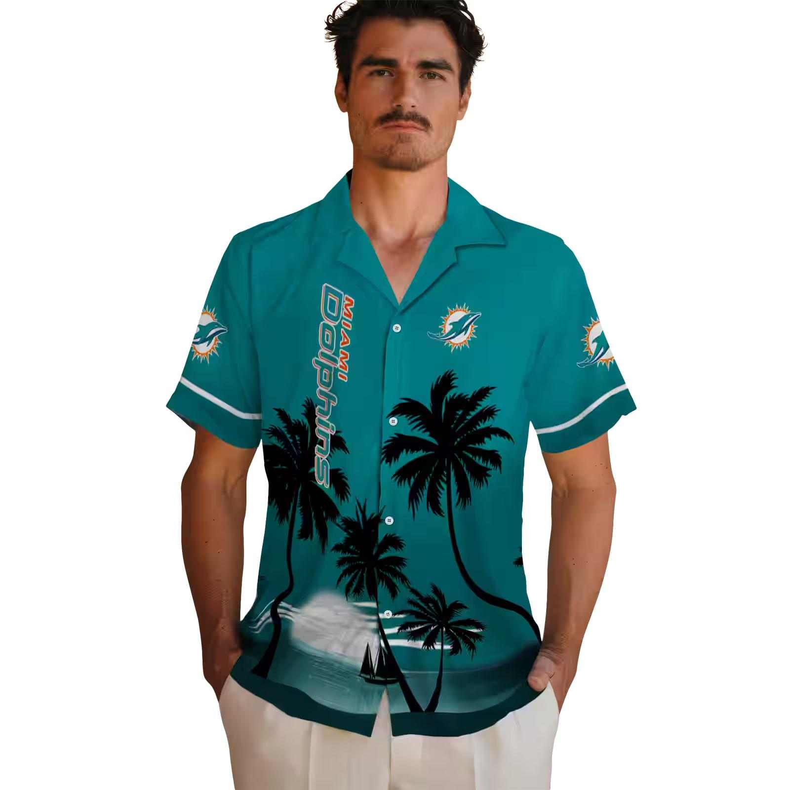 miami dolphins beach sunset aqua black hawaiian shirt fashion forward