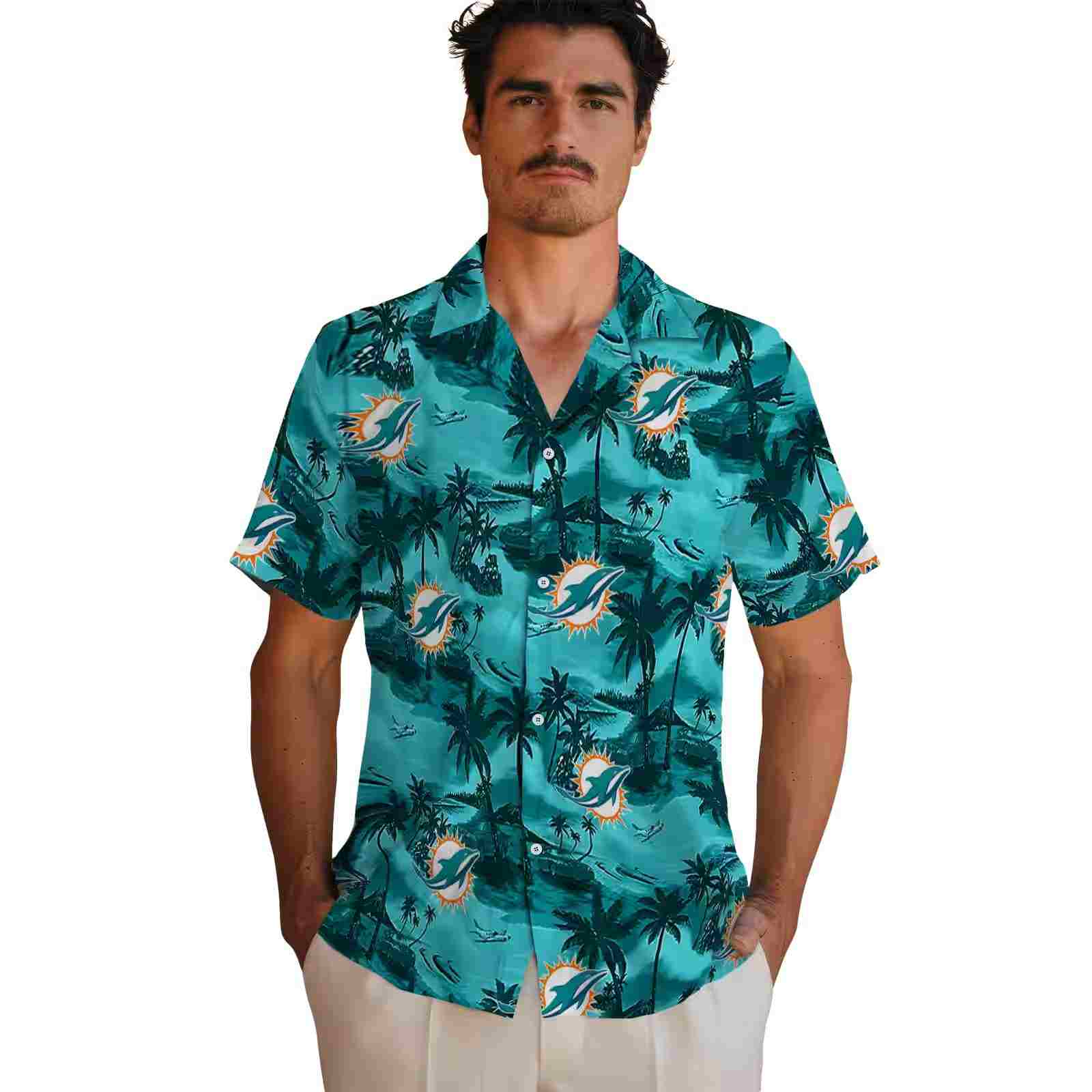 miami dolphins coastal palms aqua hawaiian shirt fashion forward