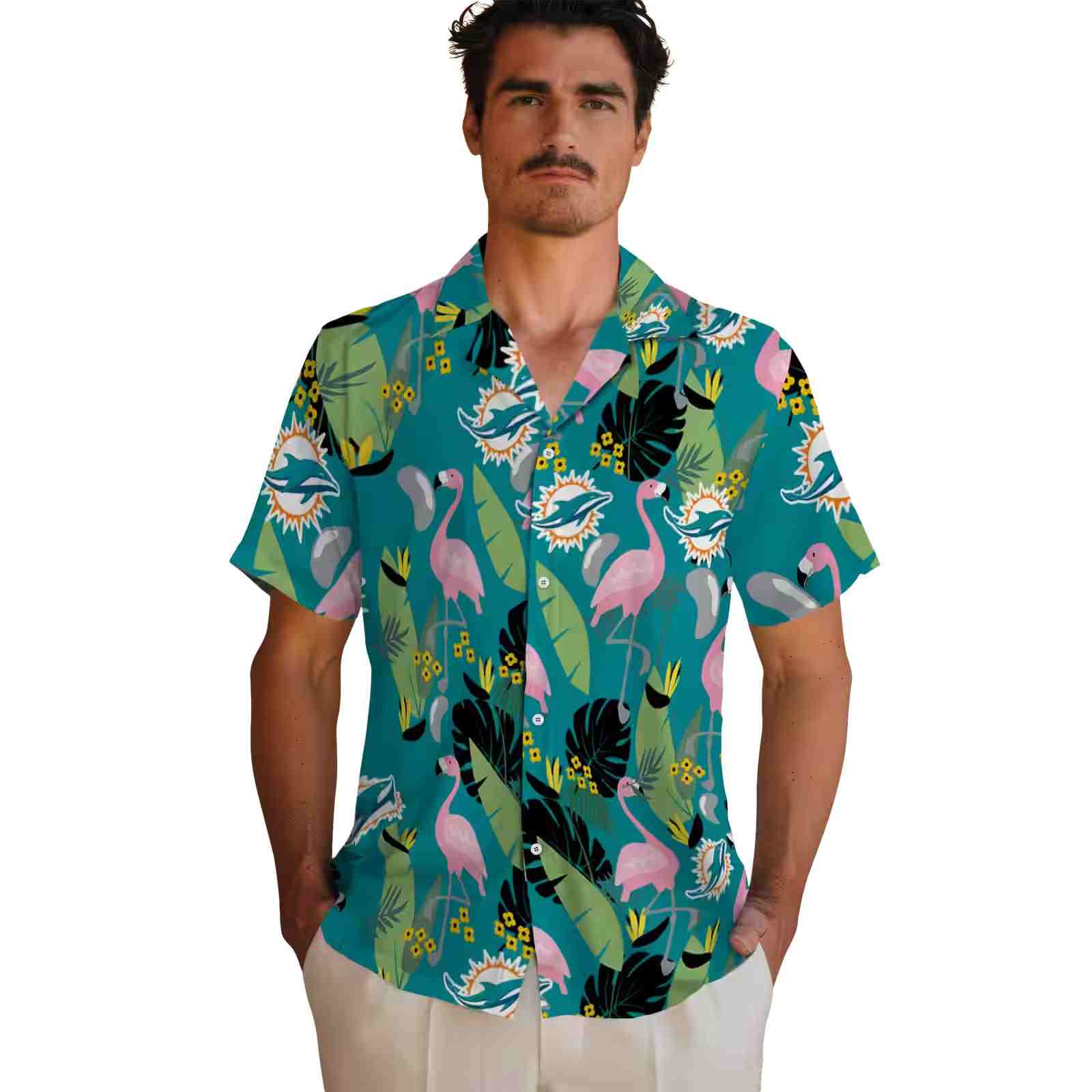 miami dolphins flamingo leaves aqua hawaiian shirt fashion forward