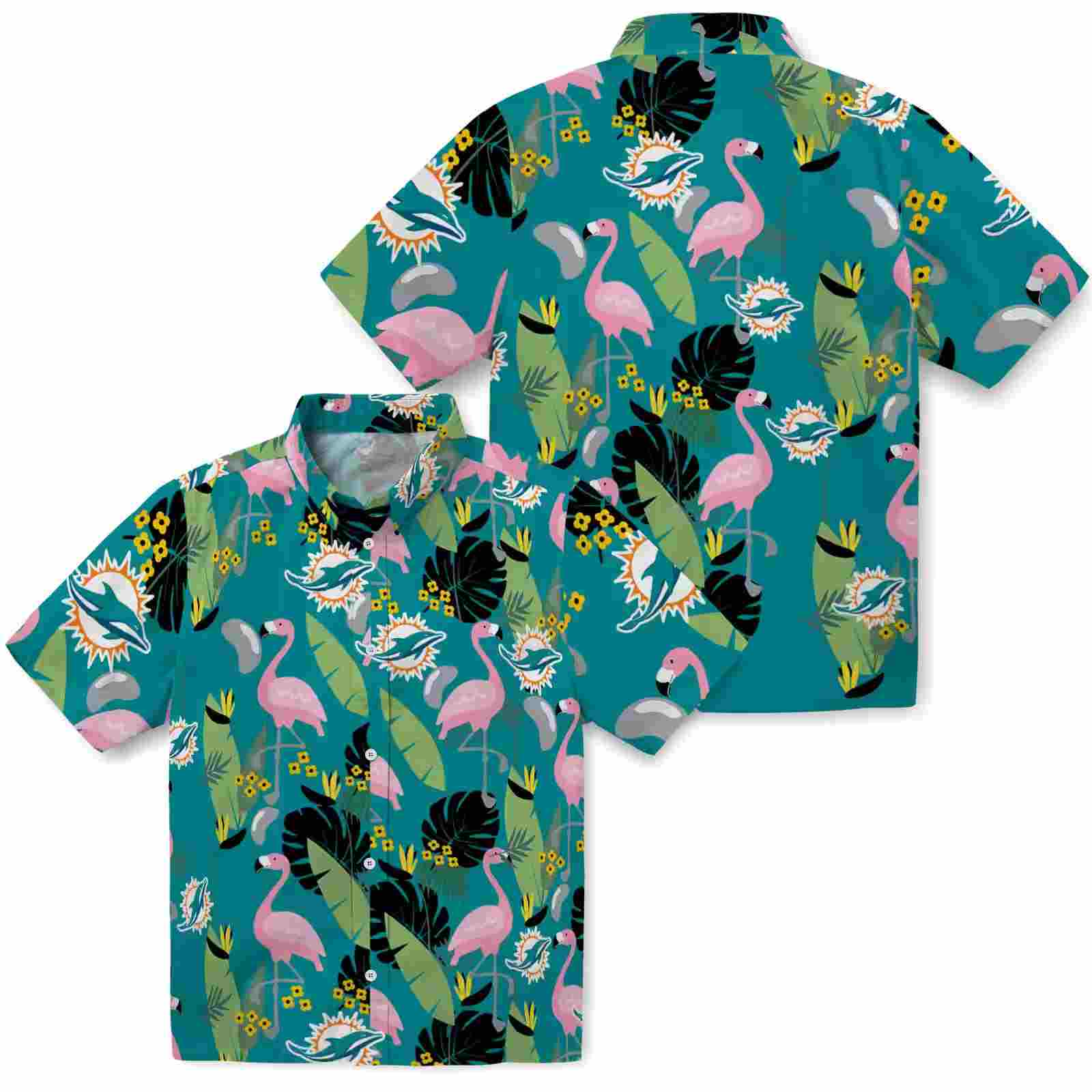 miami dolphins flamingo leaves aqua hawaiian shirt high quality