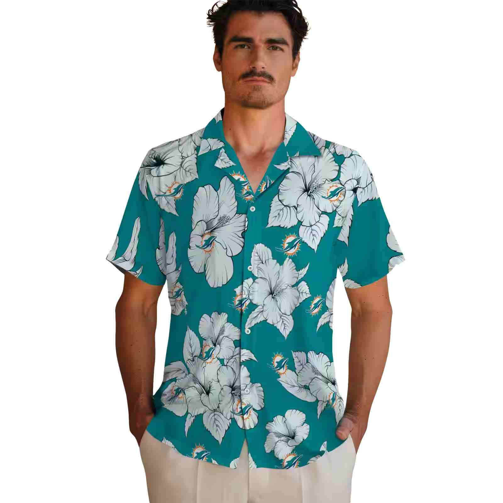 miami dolphins hibiscus blooms aqua white hawaiian shirt fashion forward