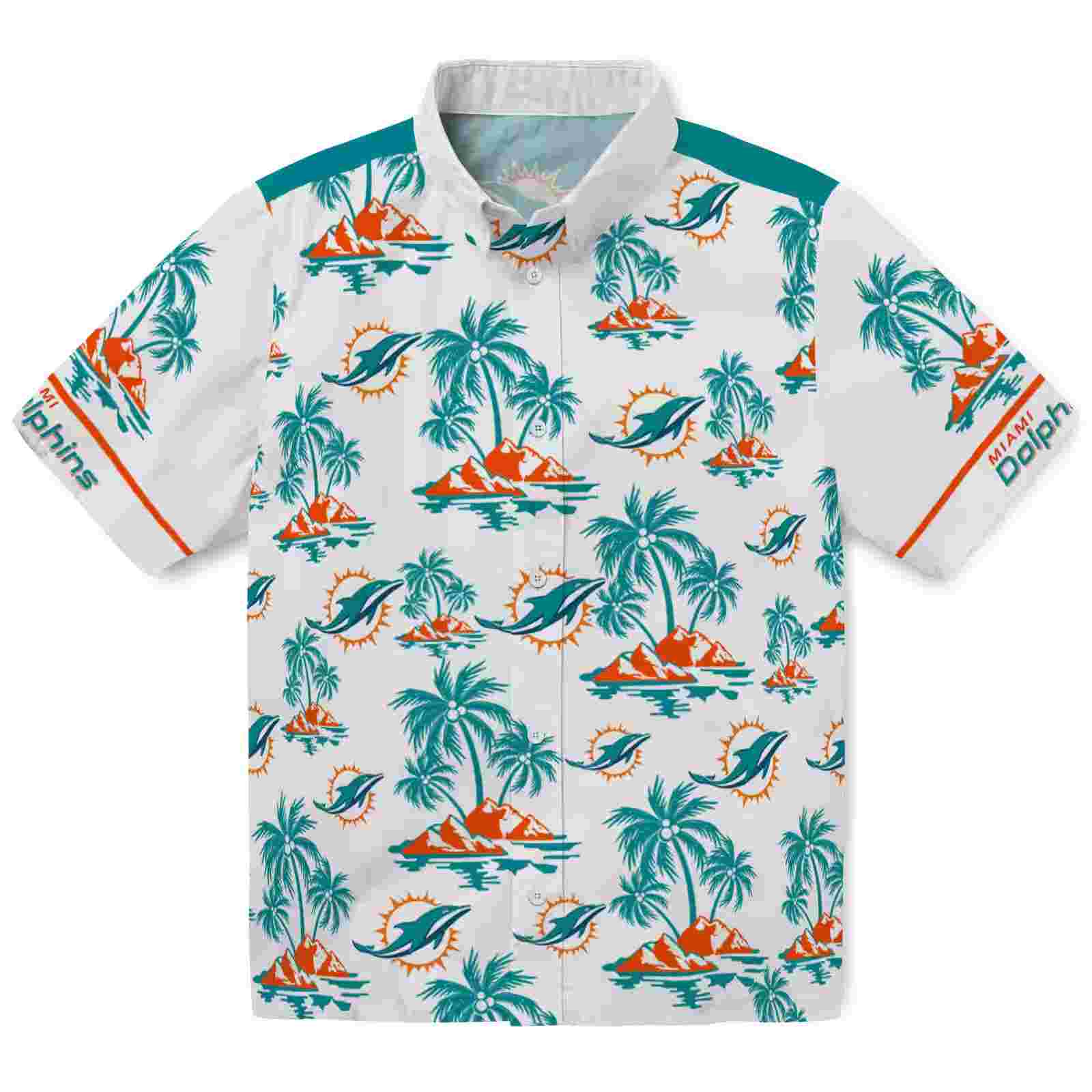 Miami Dolphins Palm Island Print Aqua White Hawaiian Shirt