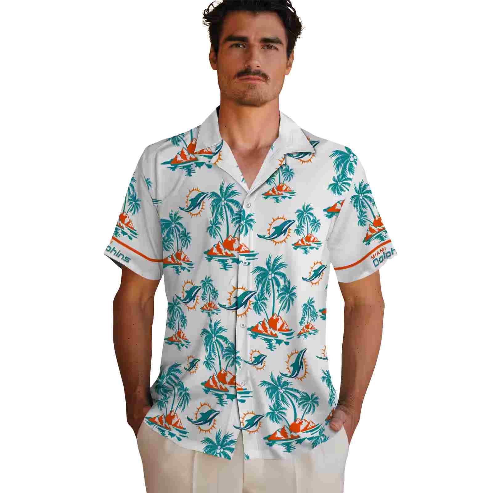 miami dolphins palm island print aqua white hawaiian shirt fashion forward