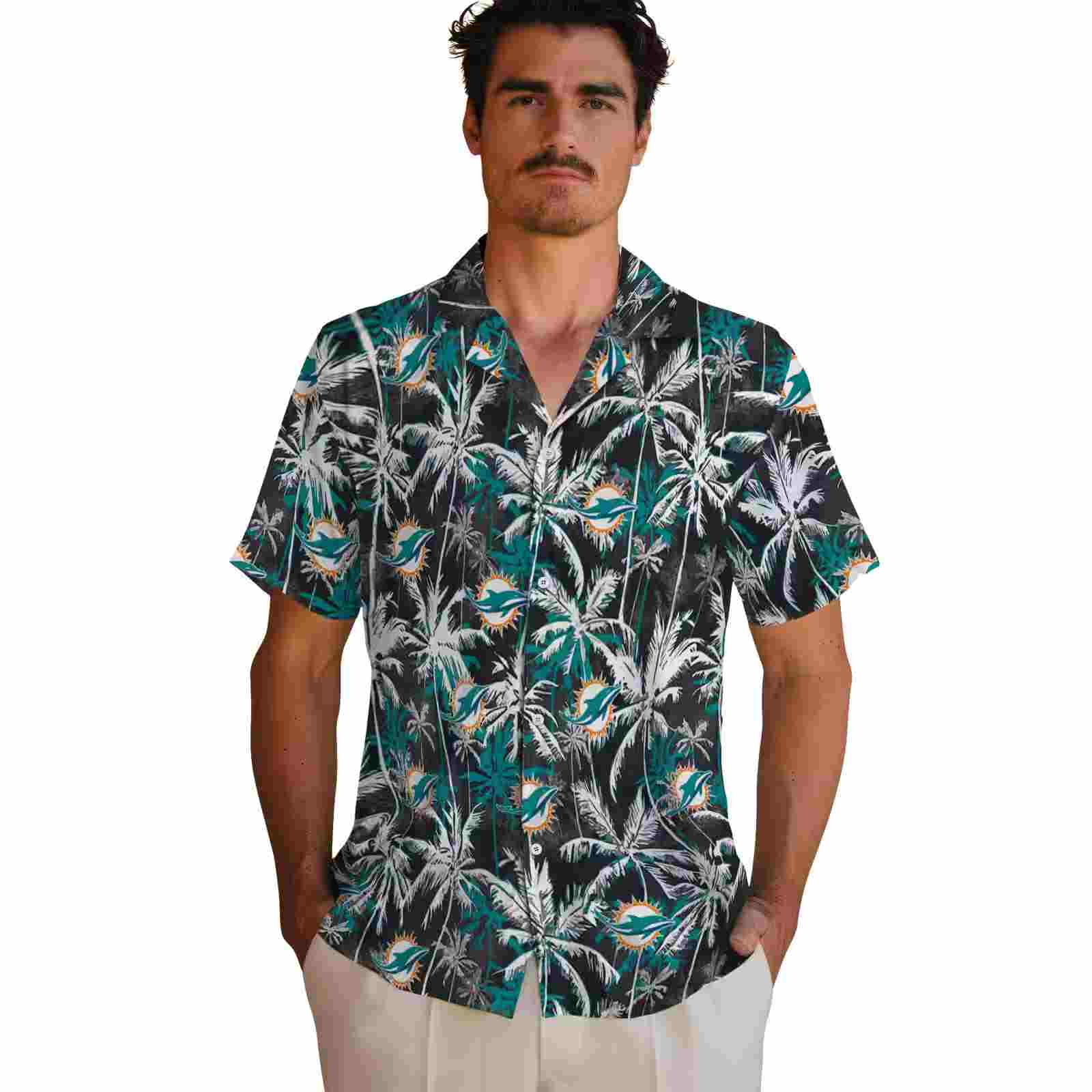 miami dolphins palm pattern aqua black hawaiian shirt fashion forward