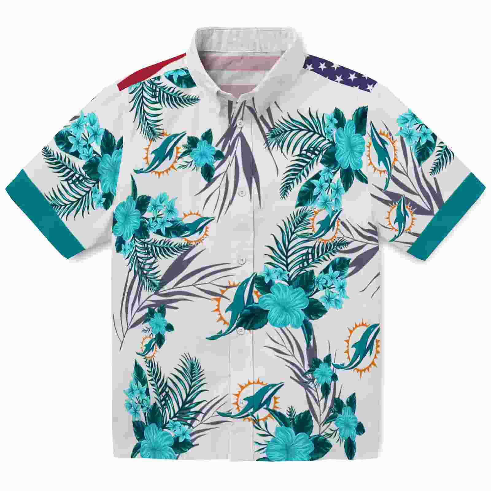 miami dolphins patriotic hibiscus design aqua white hawaiian shirt best selling