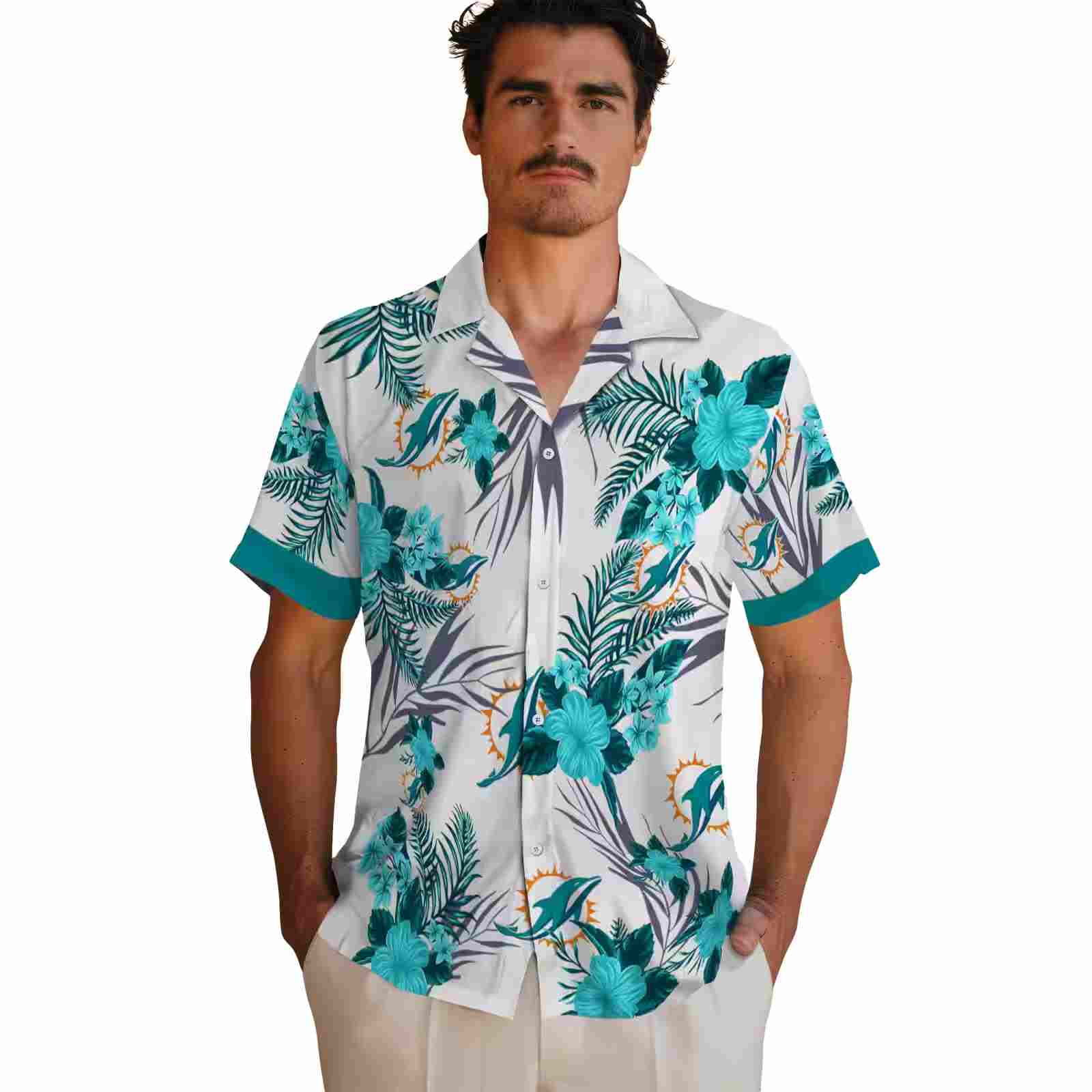 miami dolphins patriotic hibiscus design aqua white hawaiian shirt fashion forward