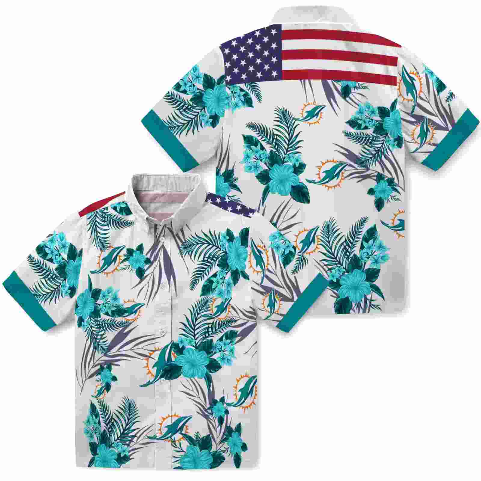 miami dolphins patriotic hibiscus design aqua white hawaiian shirt high quality