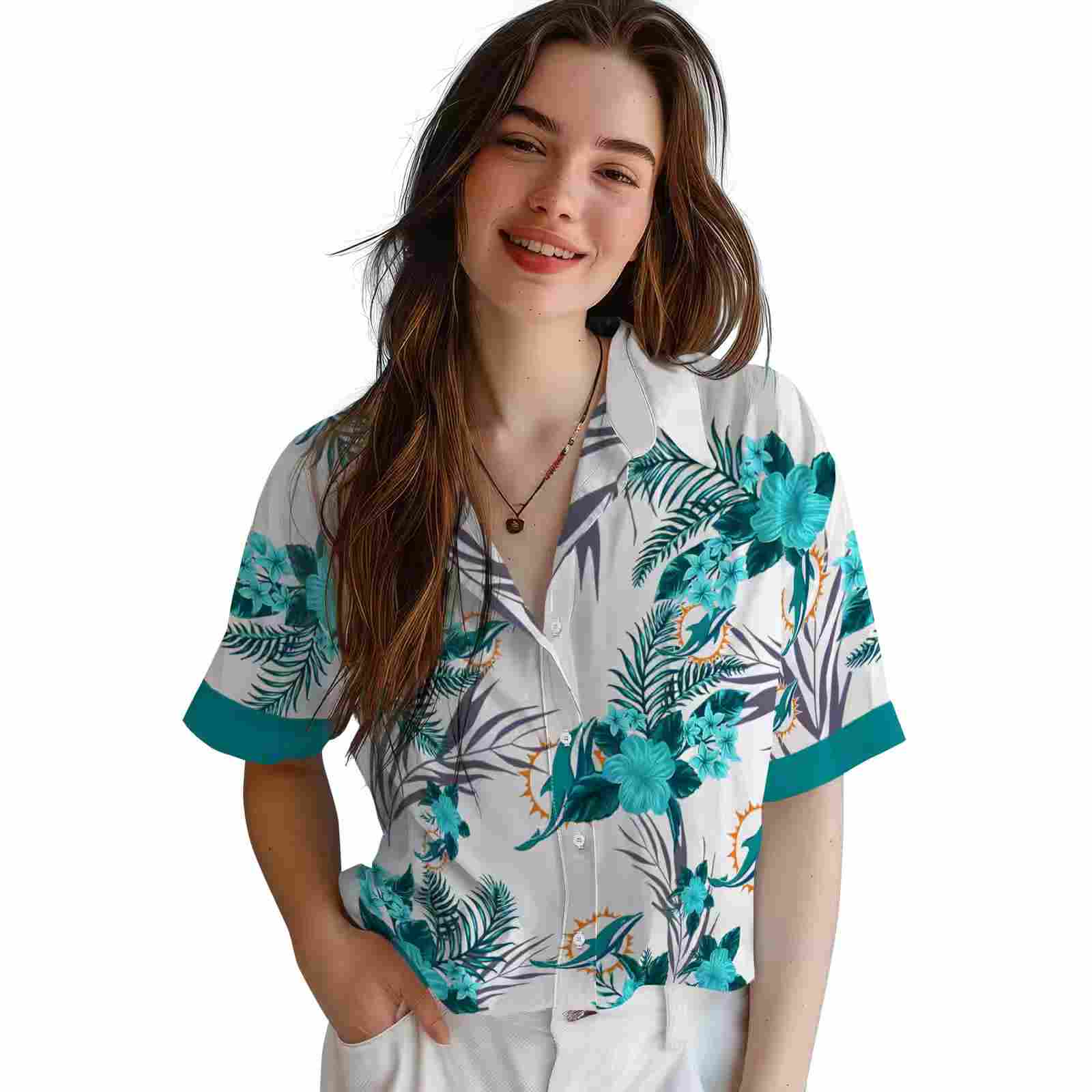 miami dolphins patriotic hibiscus design aqua white hawaiian shirt latest model