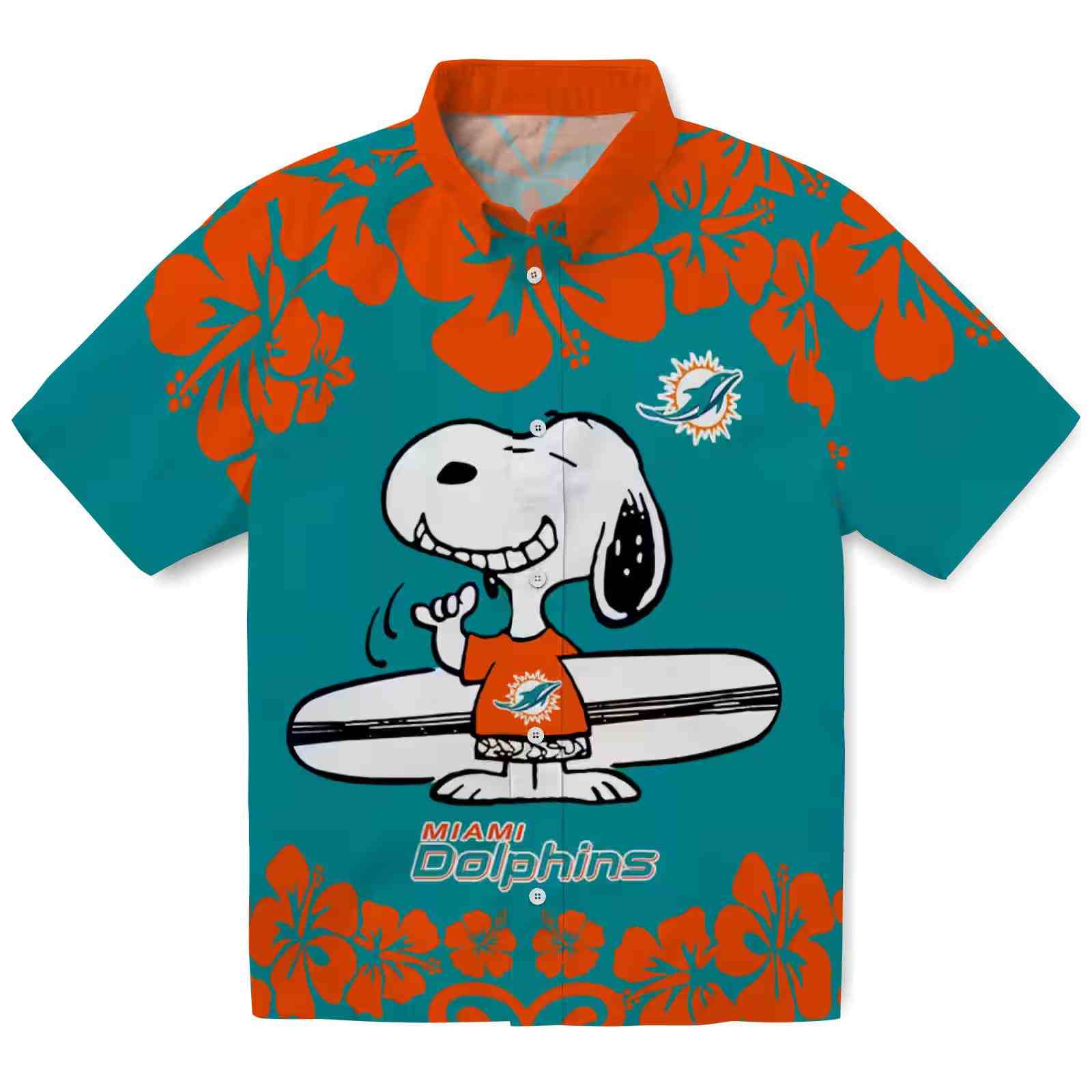 Miami Dolphins Snoopy Surf Aqua White Hawaiian Shirt