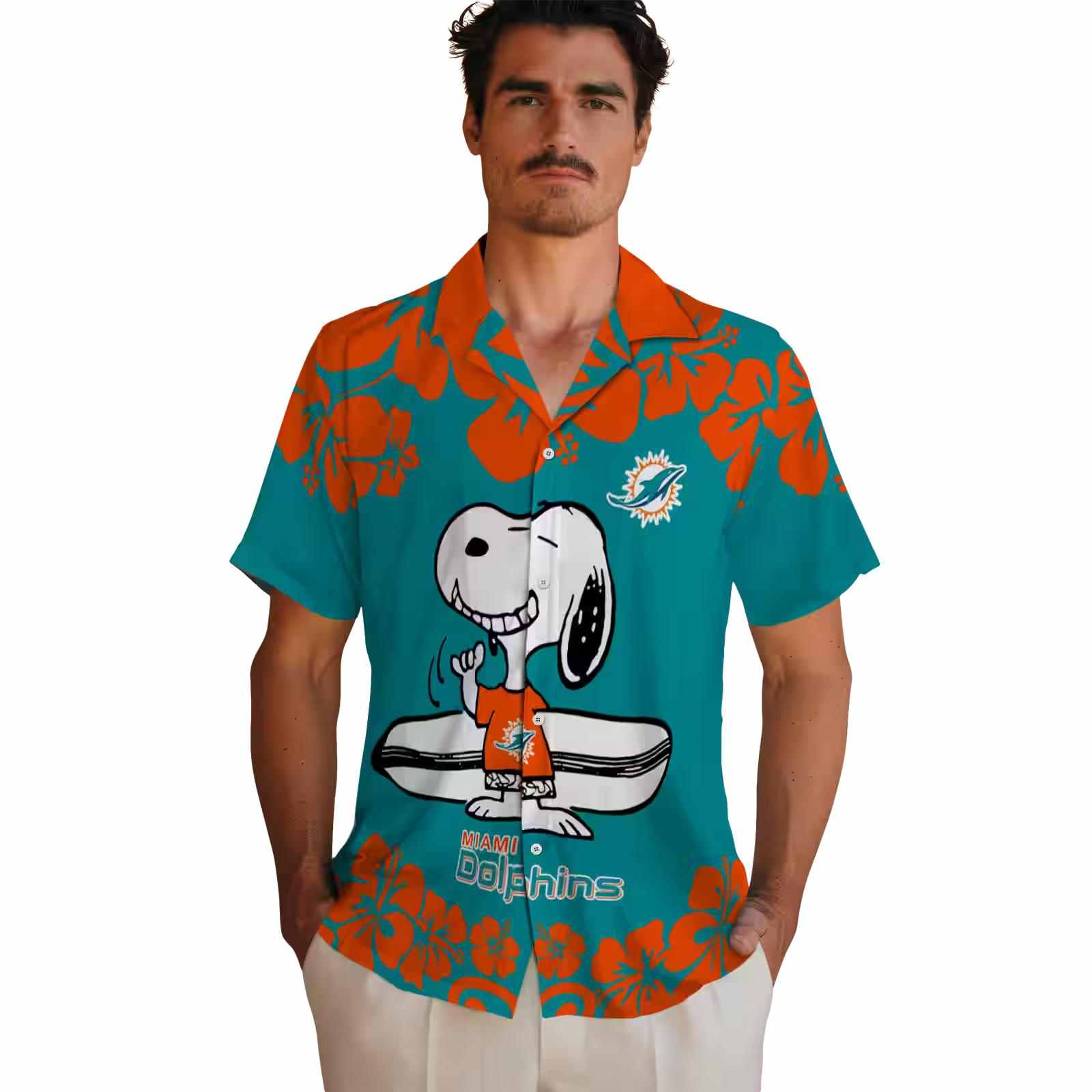 miami dolphins snoopy surf aqua white hawaiian shirt fashion forward