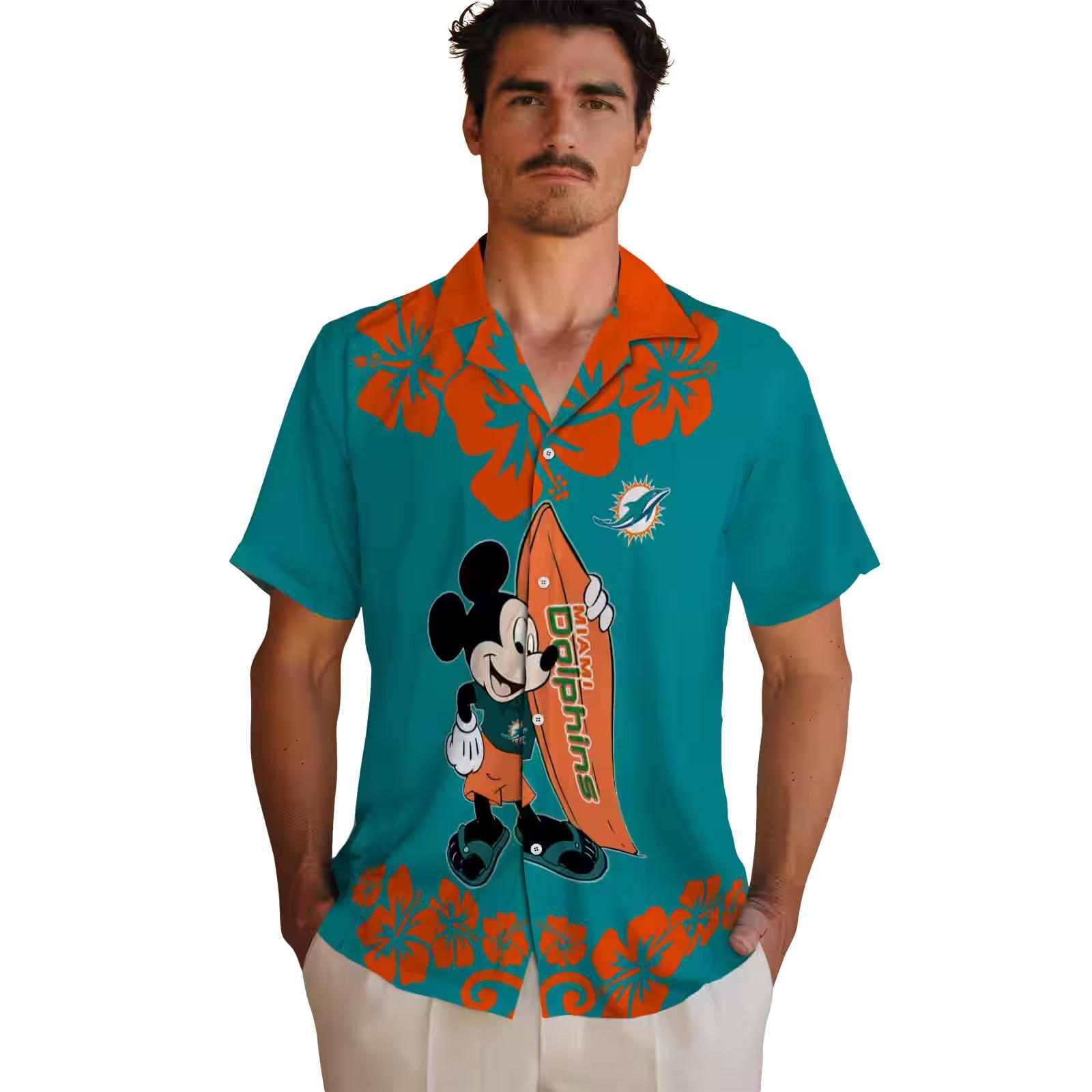 miami dolphins surfing mickey aqua hawaiian shirt fashion forward