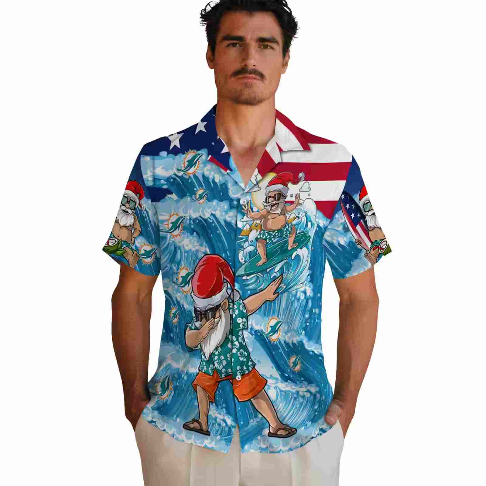 miami dolphins surfing santa blue hawaiian shirt fashion forward