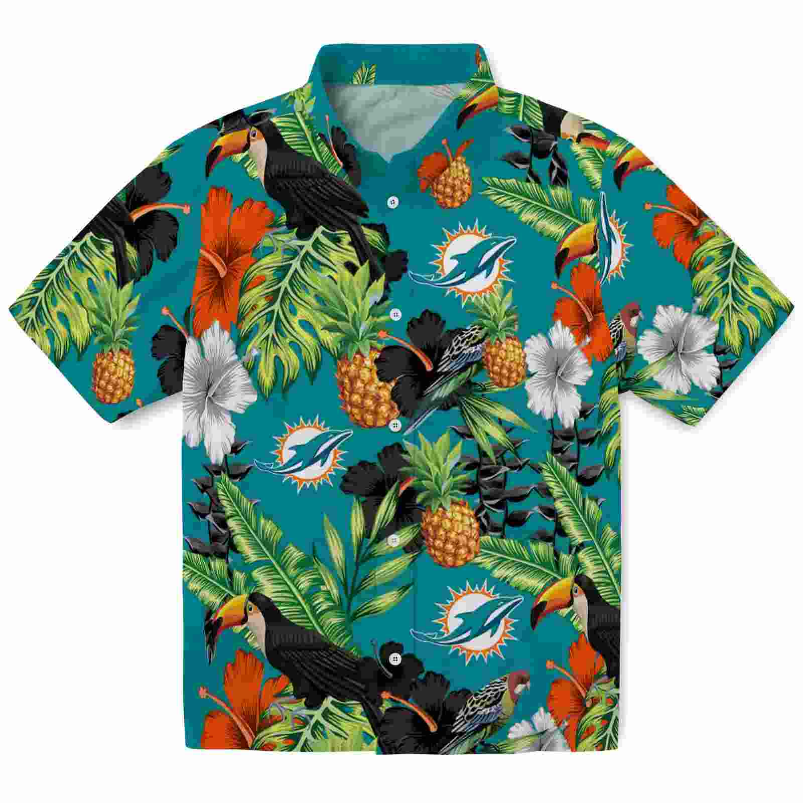 Miami Dolphins Toucan Hibiscus Pineapple Aqua Green Hawaiian Shirt