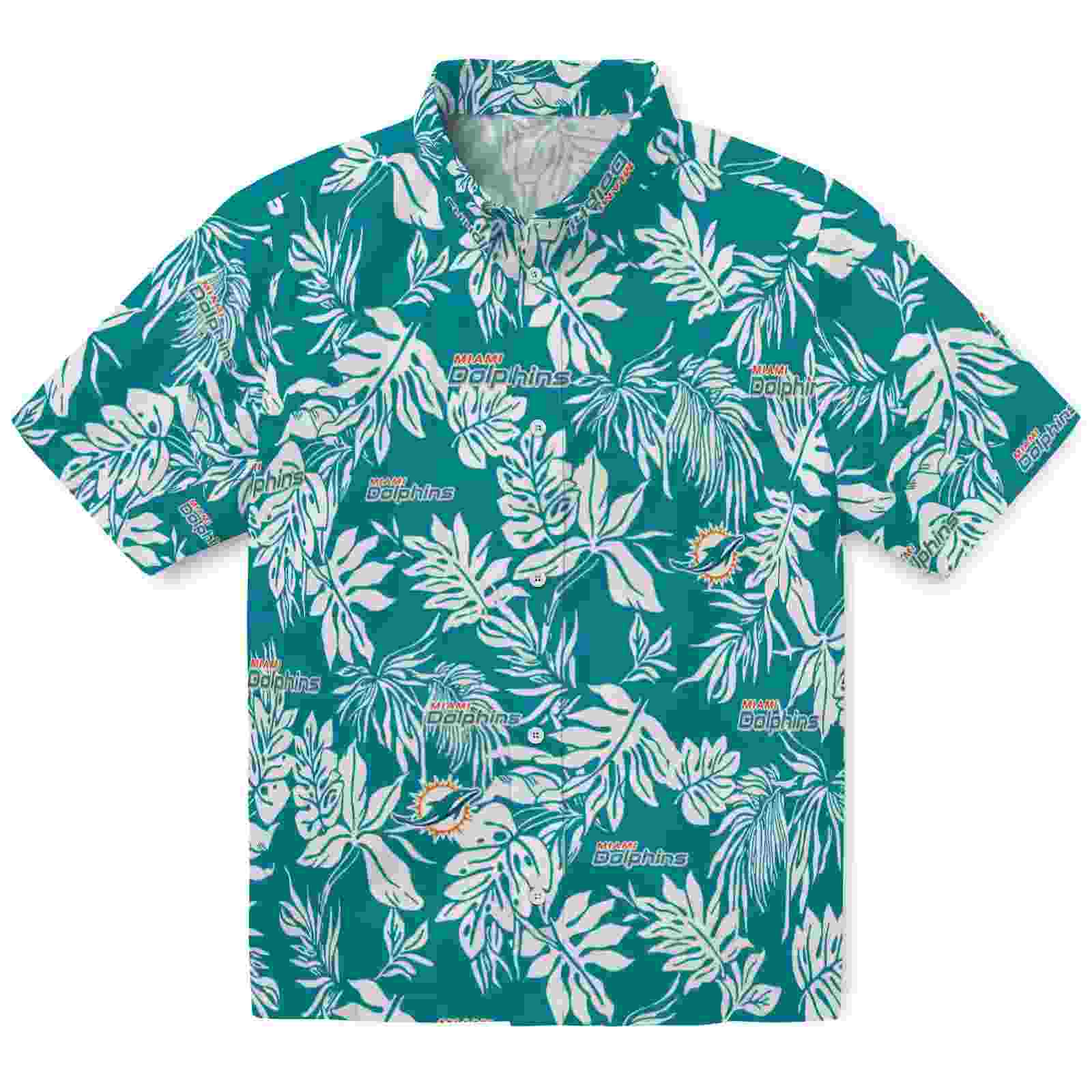 Miami Dolphins Tropical Leaf Aqua White Hawaiian Shirt