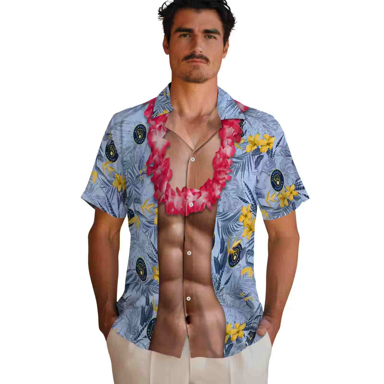 milwaukee brewers chest illusion navy blue hawaiian shirt fashion forward