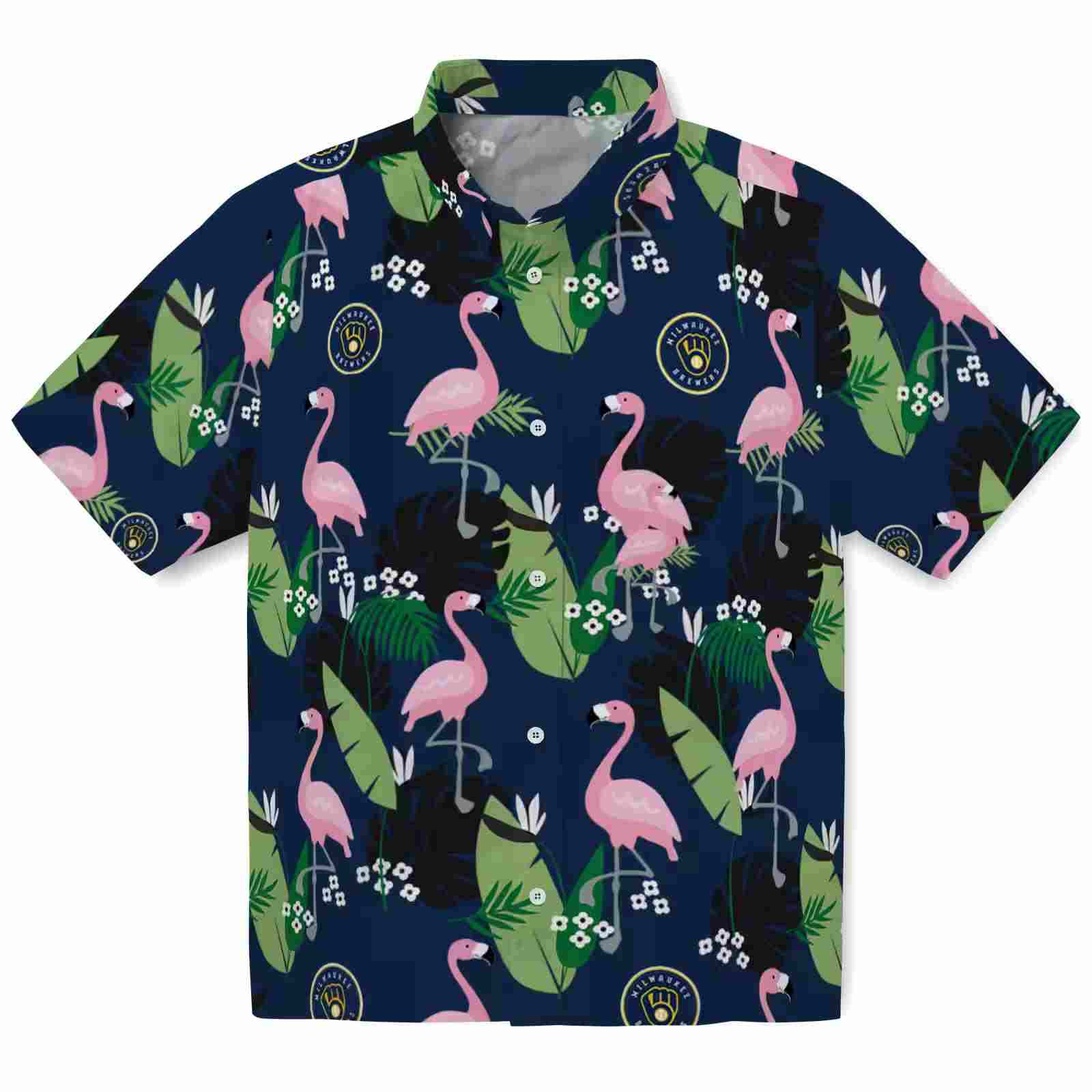 milwaukee brewers flamingo leaf motif navy blue hawaiian shirt best selling