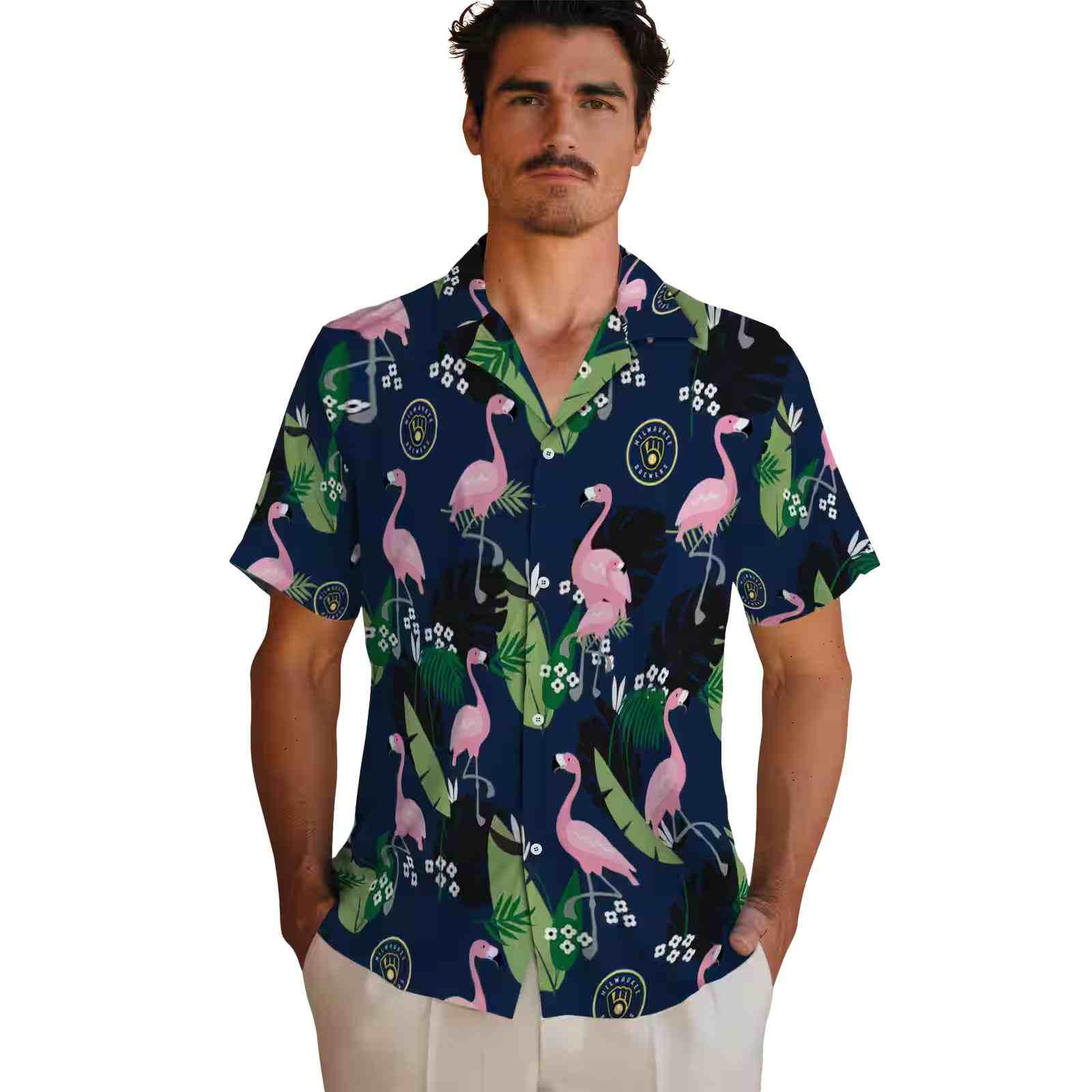 milwaukee brewers flamingo leaf motif navy blue hawaiian shirt fashion forward