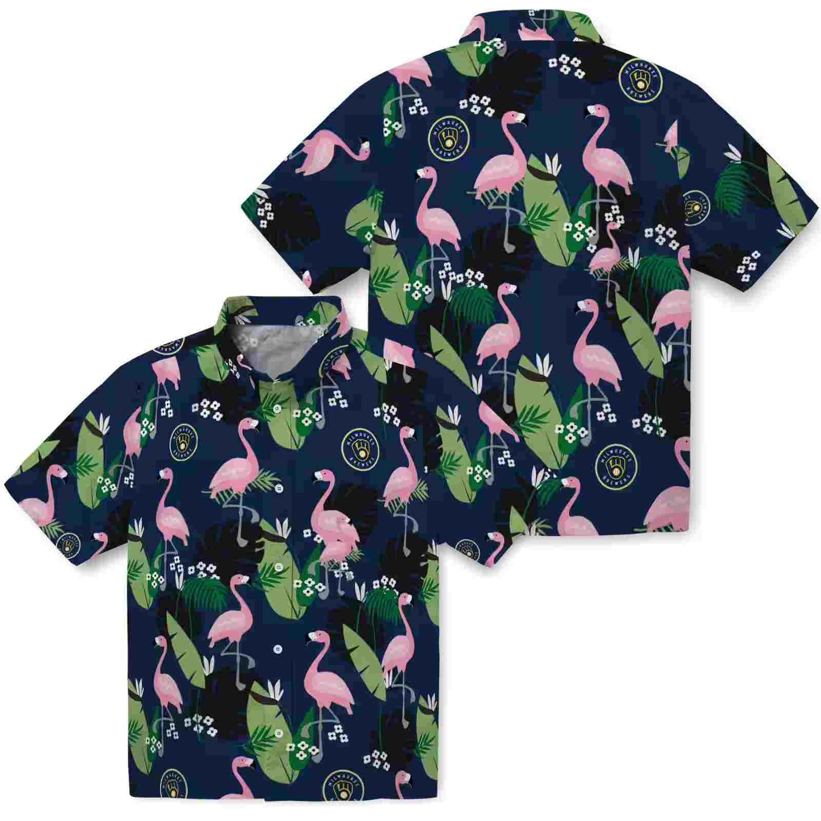 milwaukee brewers flamingo leaf motif navy blue hawaiian shirt high quality