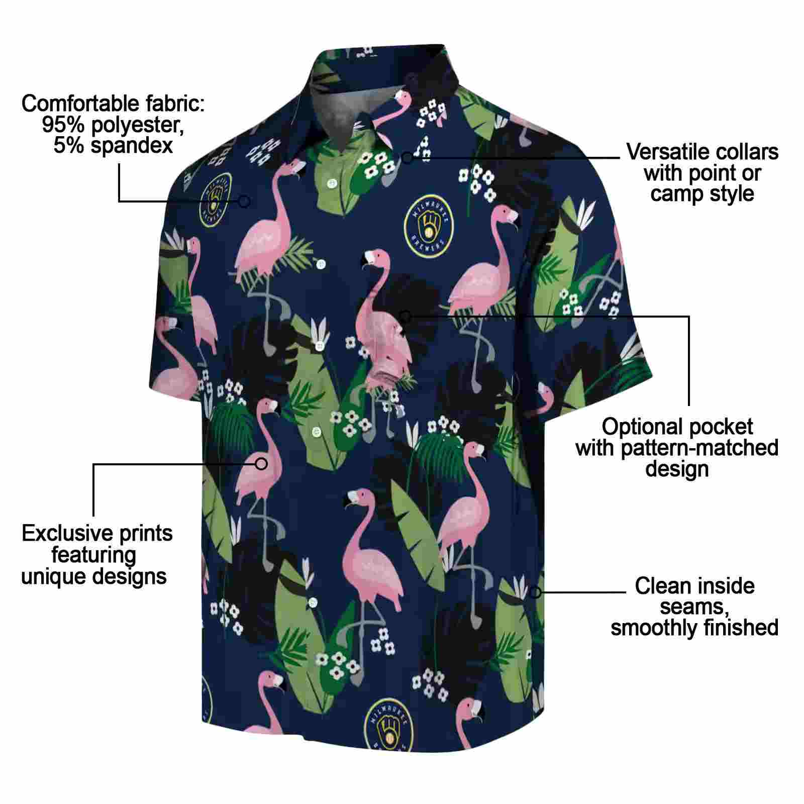 milwaukee brewers flamingo leaf motif navy blue hawaiian shirt new arrival