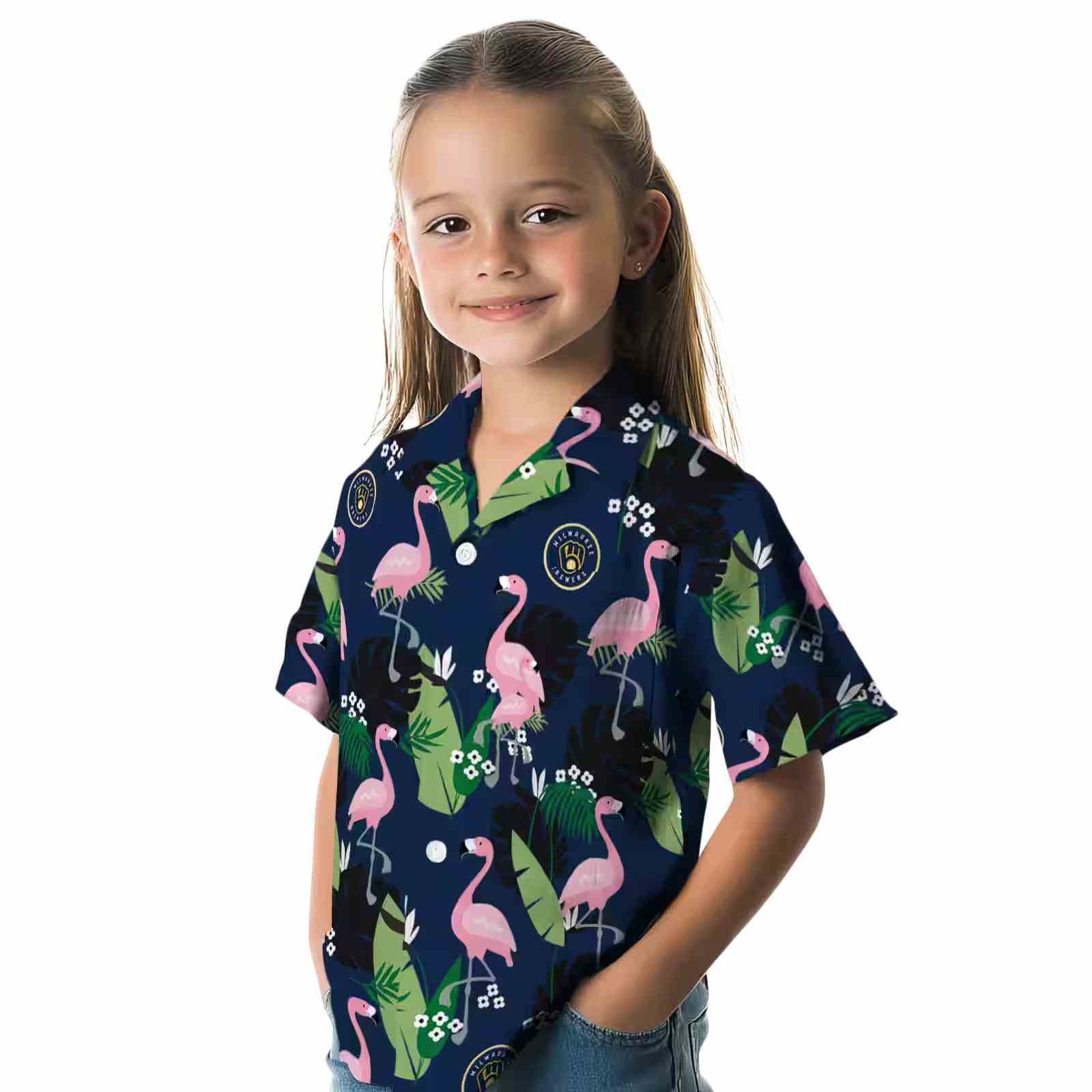 milwaukee brewers flamingo leaf motif navy blue hawaiian shirt premium grade