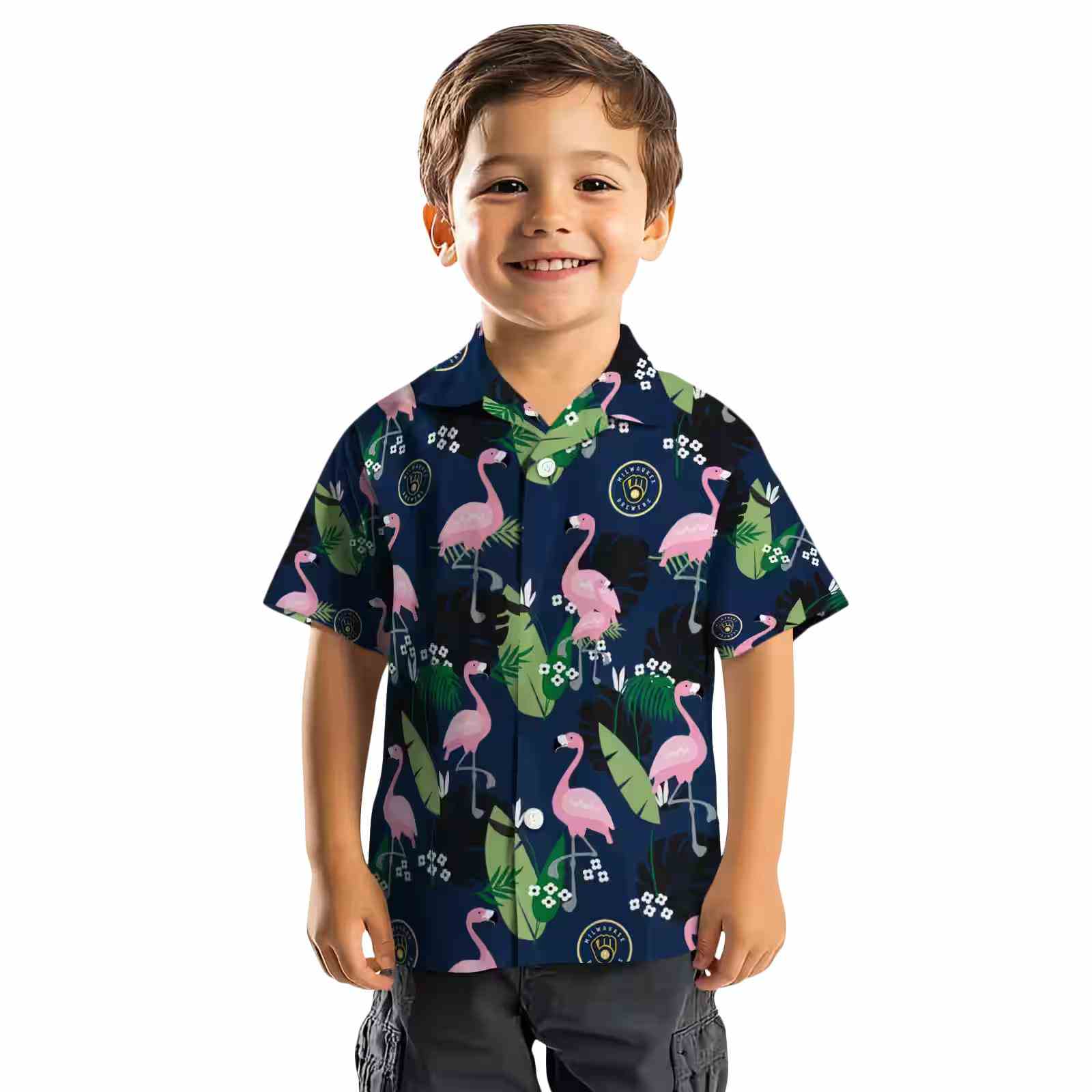 milwaukee brewers flamingo leaf motif navy blue hawaiian shirt top rated