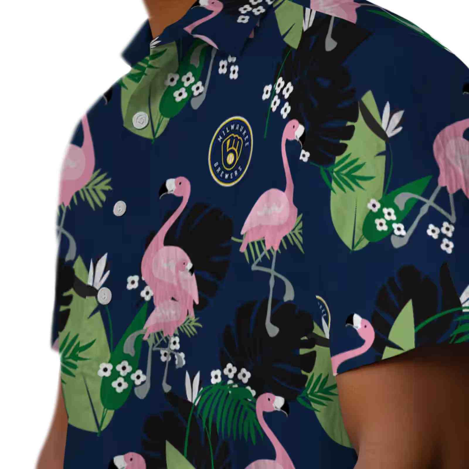 milwaukee brewers flamingo leaf motif navy blue hawaiian shirt trendy