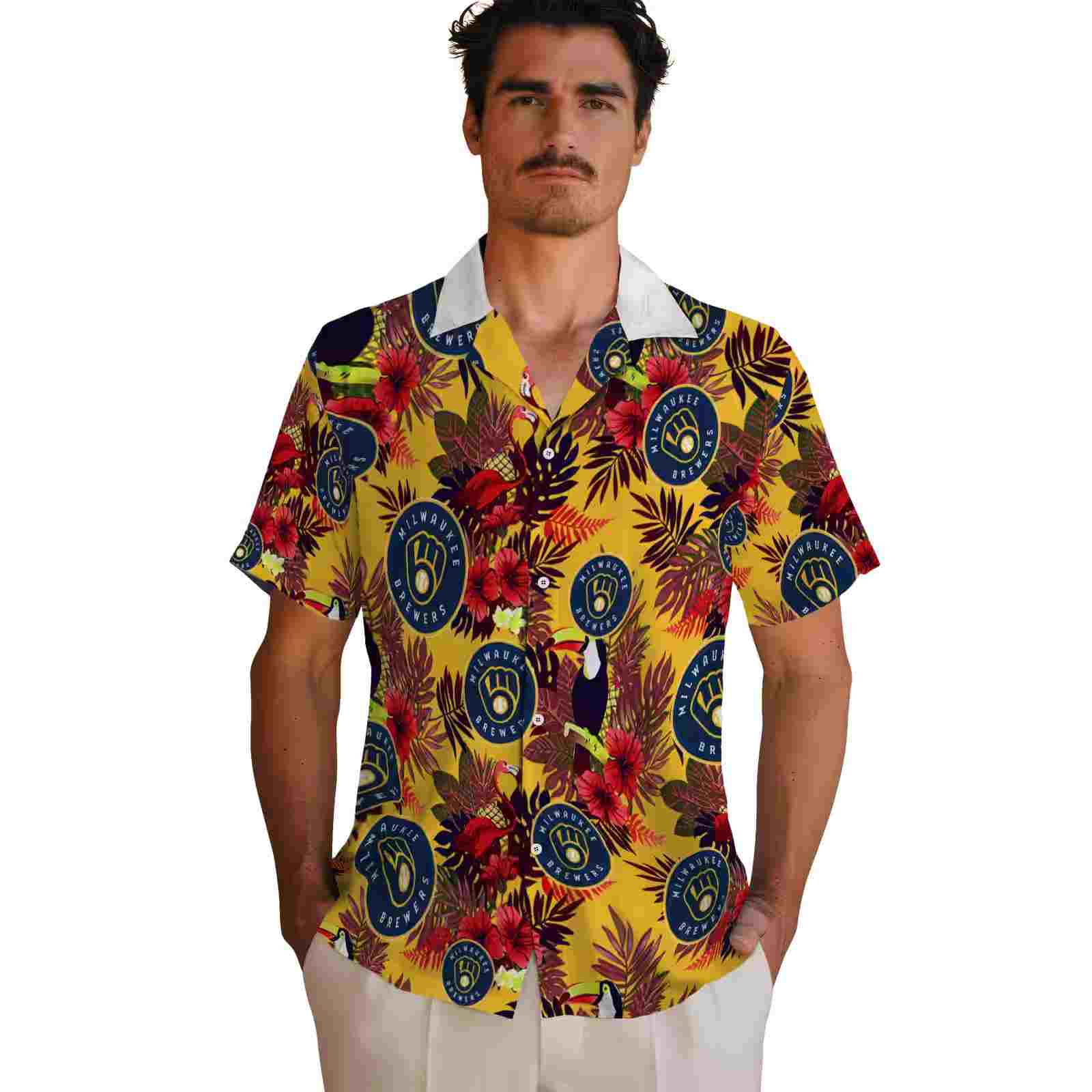 milwaukee brewers floral toucan navy blue red hawaiian shirt fashion forward