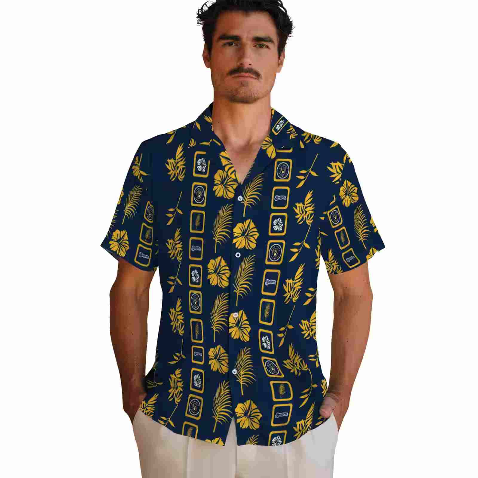 milwaukee brewers framed floral navy blue hawaiian shirt fashion forward