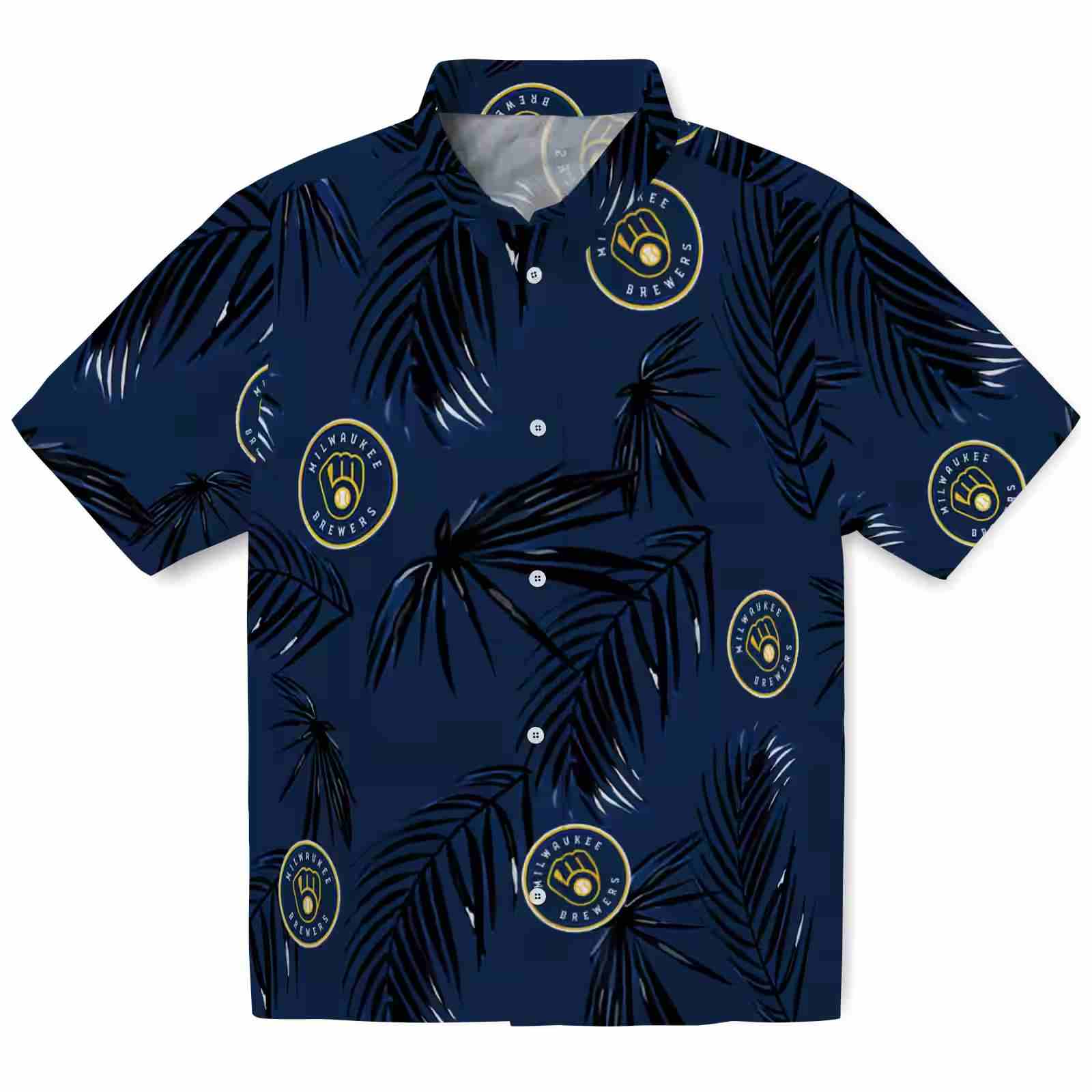 milwaukee brewers palm leaf navy blue hawaiian shirt best selling