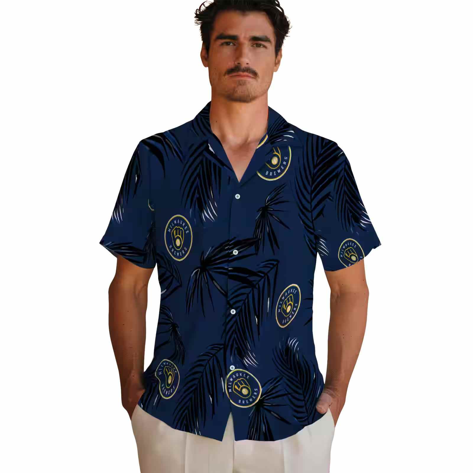 milwaukee brewers palm leaf navy blue hawaiian shirt fashion forward