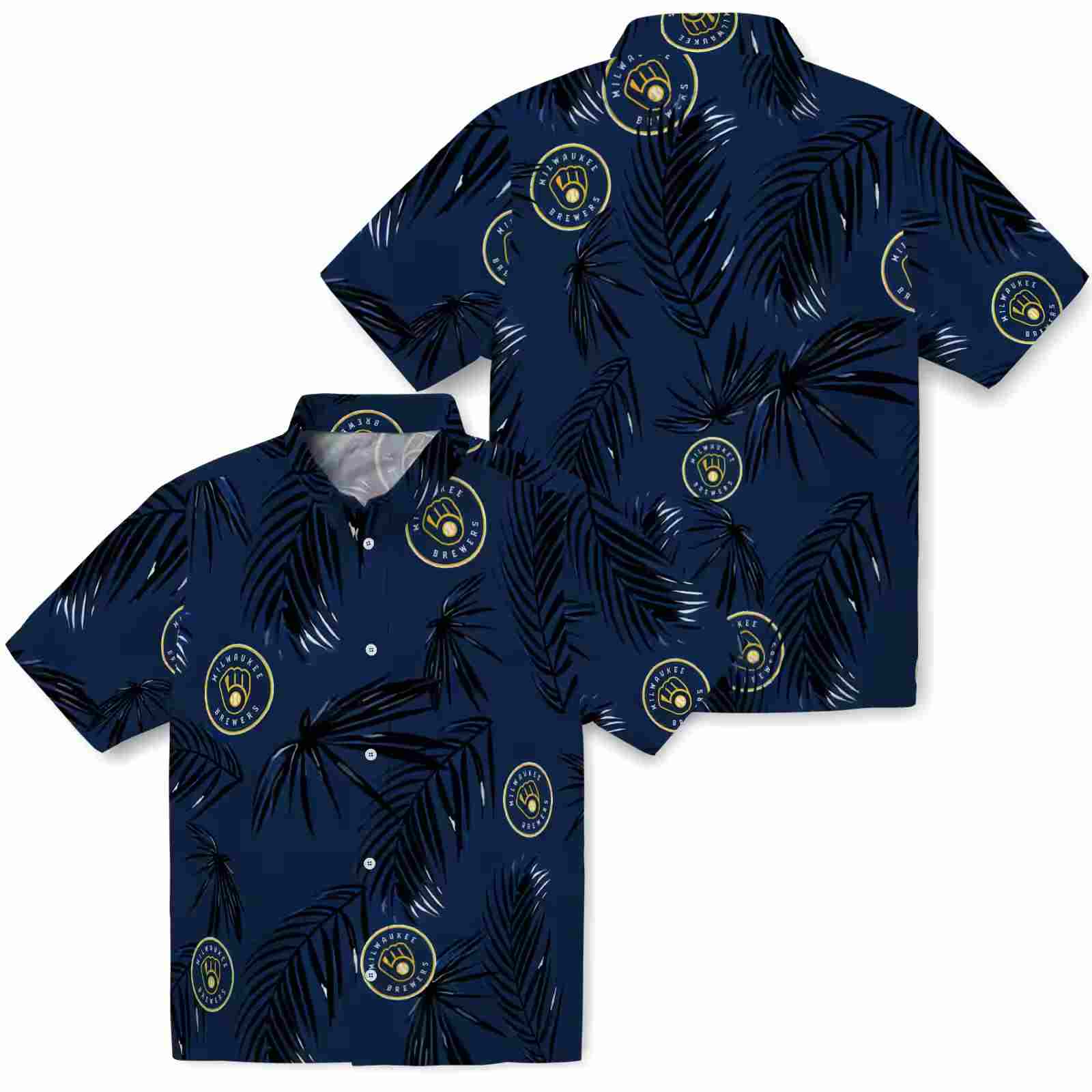 milwaukee brewers palm leaf navy blue hawaiian shirt high quality