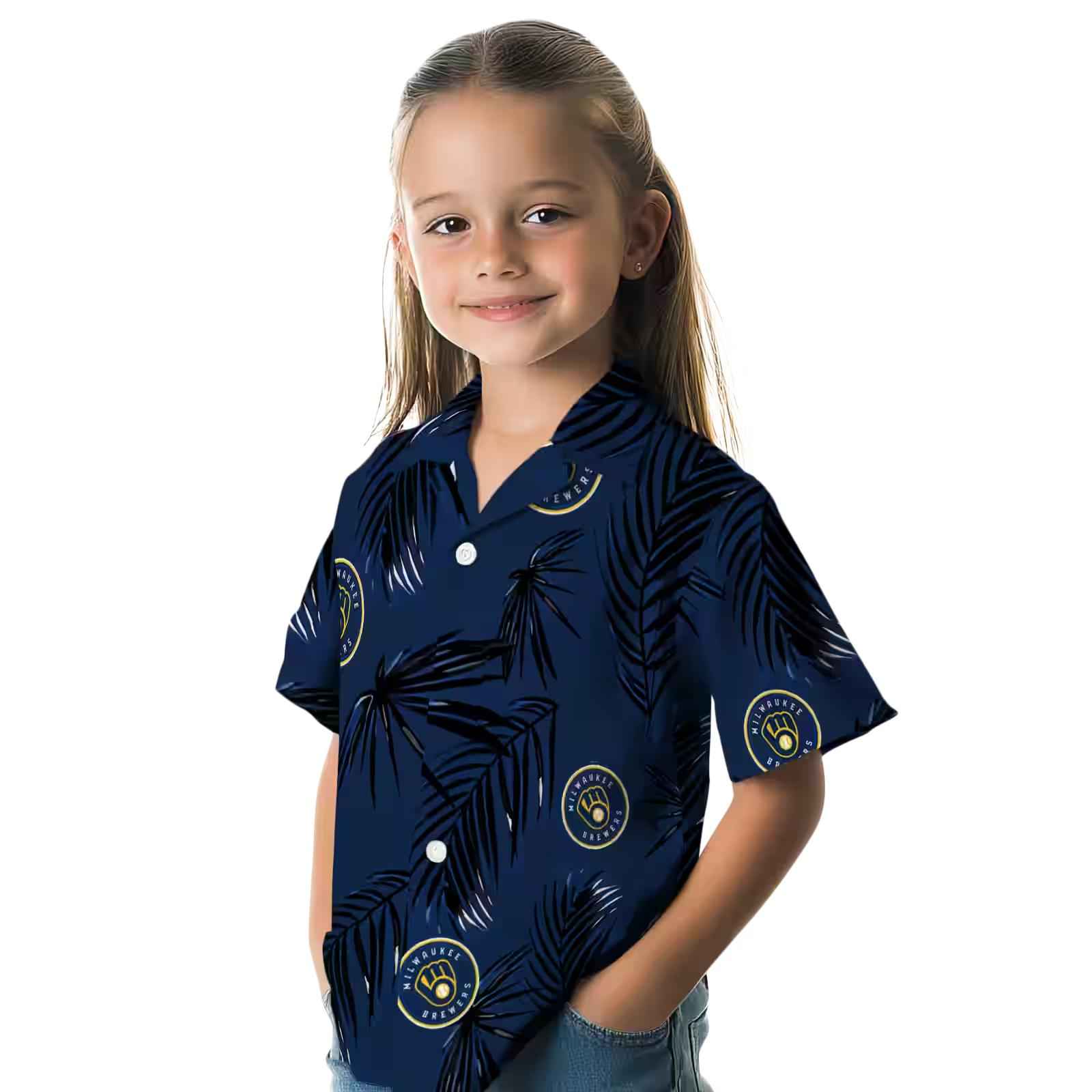 milwaukee brewers palm leaf navy blue hawaiian shirt premium grade