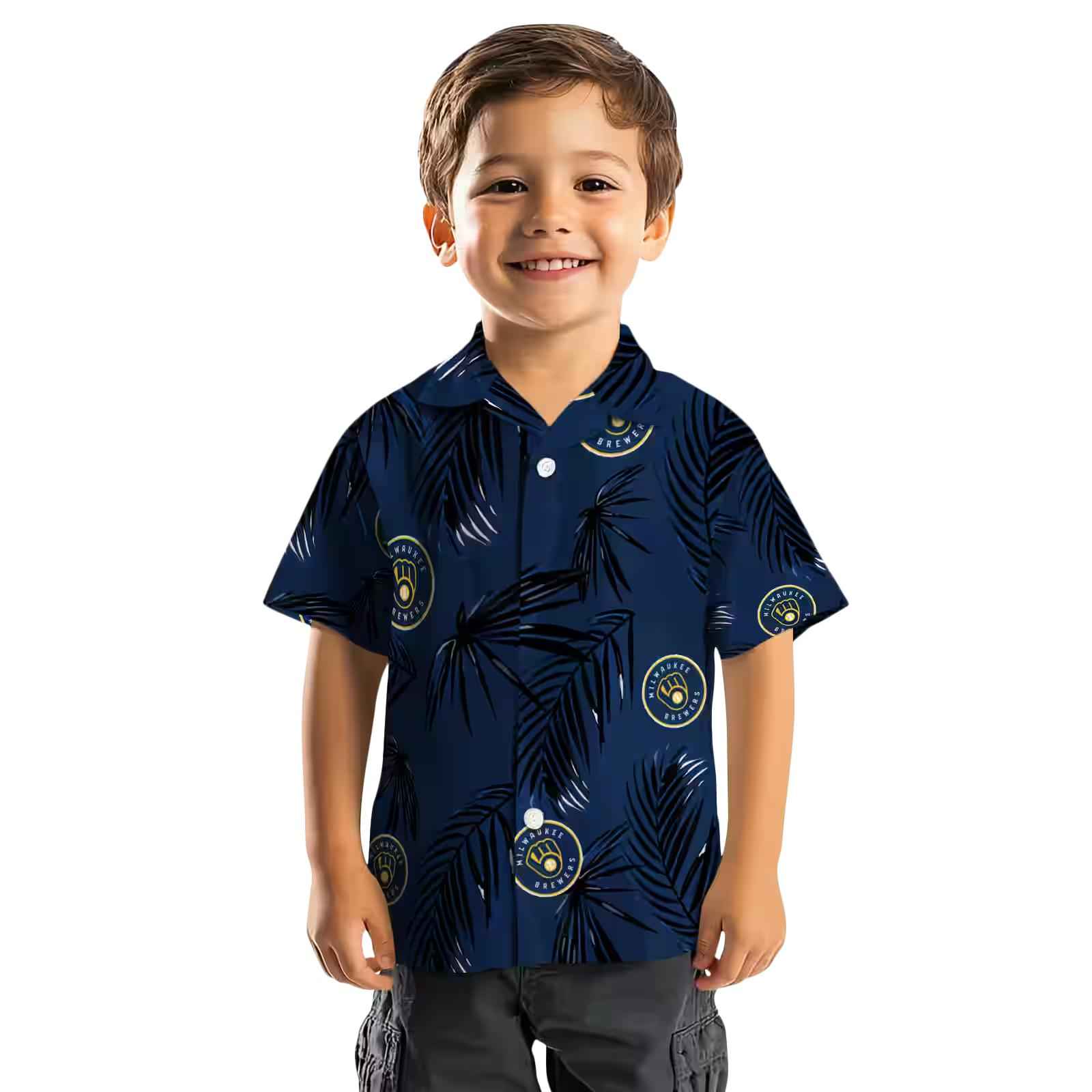 milwaukee brewers palm leaf navy blue hawaiian shirt top rated