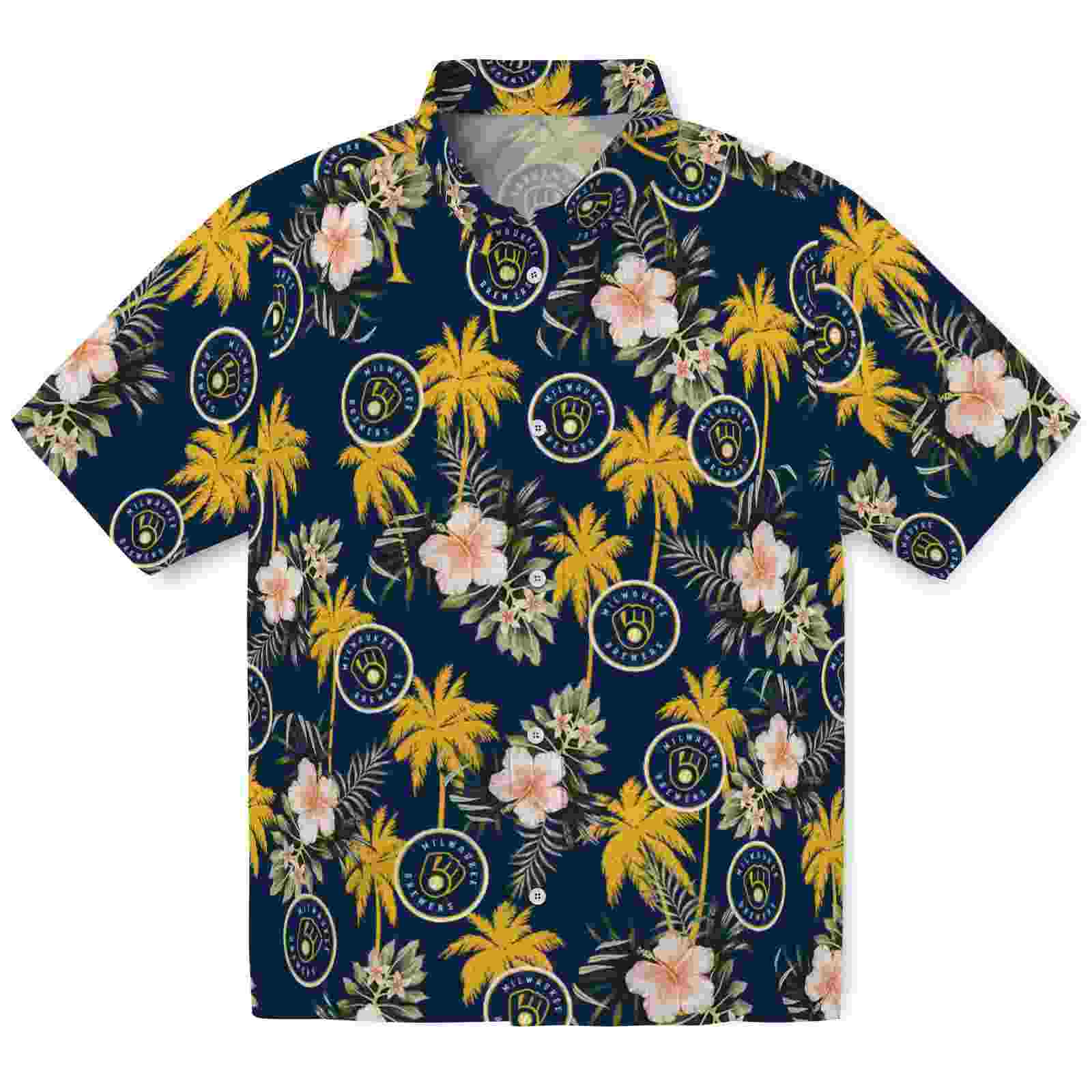 milwaukee brewers palm tree flower navy blue hawaiian shirt best selling