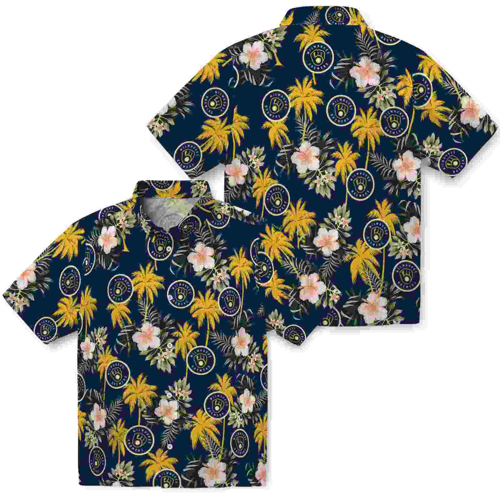 milwaukee brewers palm tree flower navy blue hawaiian shirt high quality