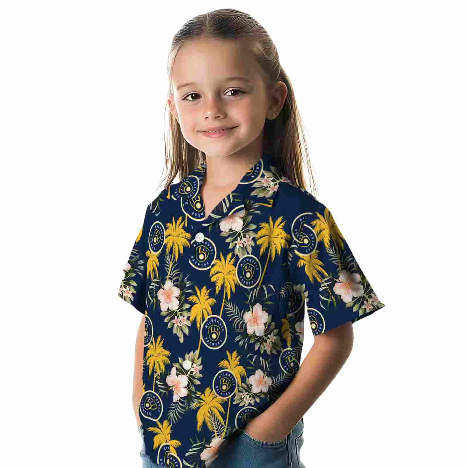 milwaukee brewers palm tree flower navy blue hawaiian shirt premium grade