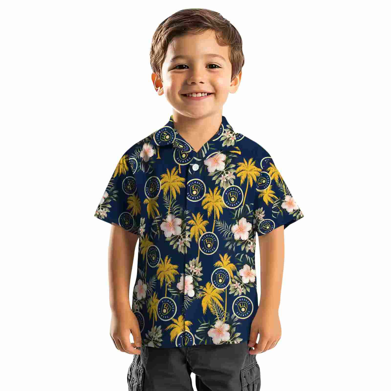 milwaukee brewers palm tree flower navy blue hawaiian shirt top rated