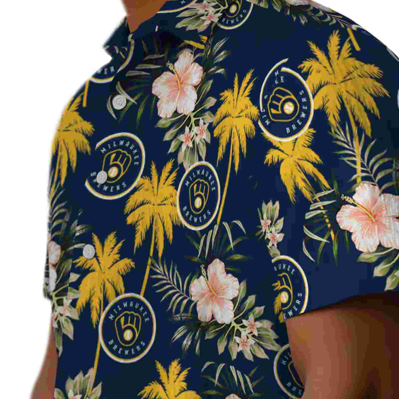 milwaukee brewers palm tree flower navy blue hawaiian shirt trendy