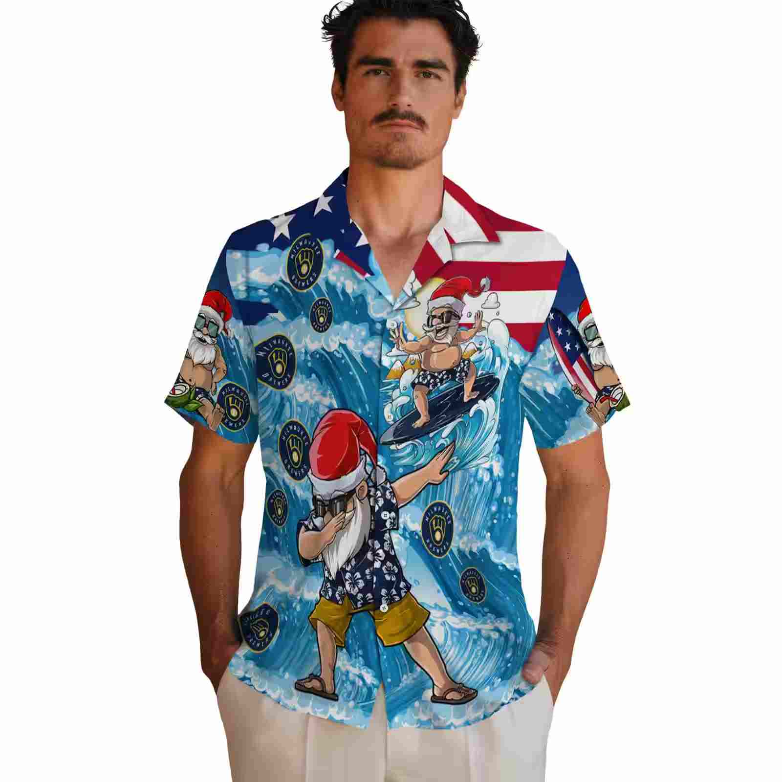 milwaukee brewers surfing santa blue hawaiian shirt fashion forward