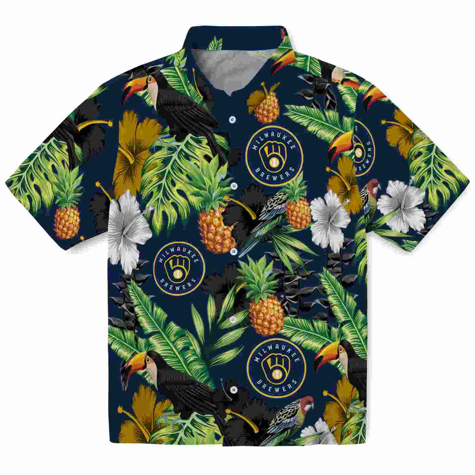 milwaukee brewers toucan hibiscus pineapple navy blue green hawaiian shirt best selling