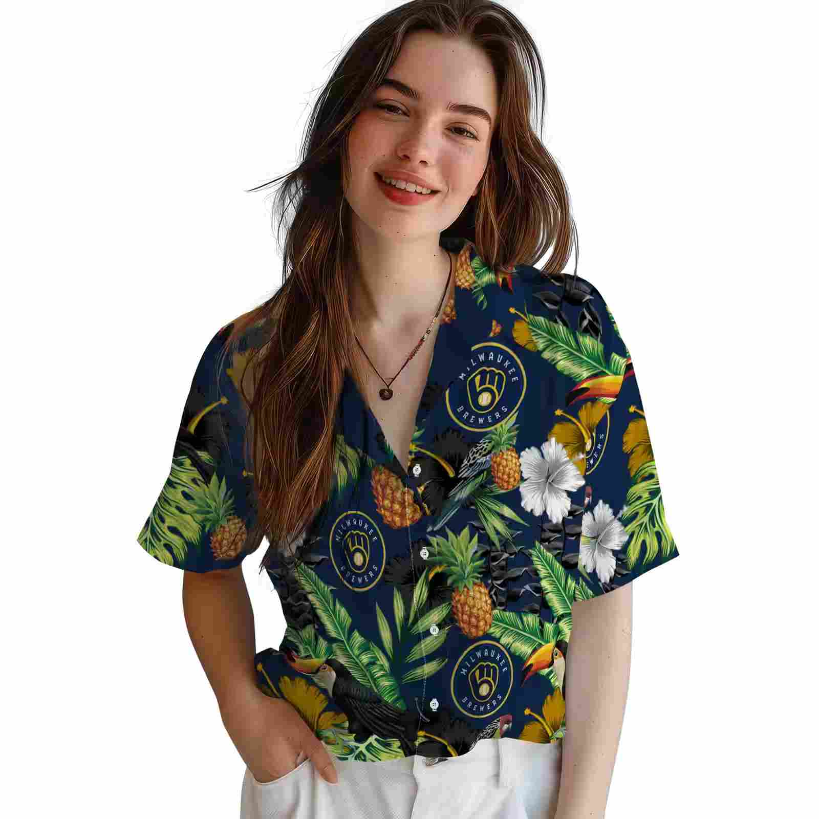 milwaukee brewers toucan hibiscus pineapple navy blue green hawaiian shirt latest model