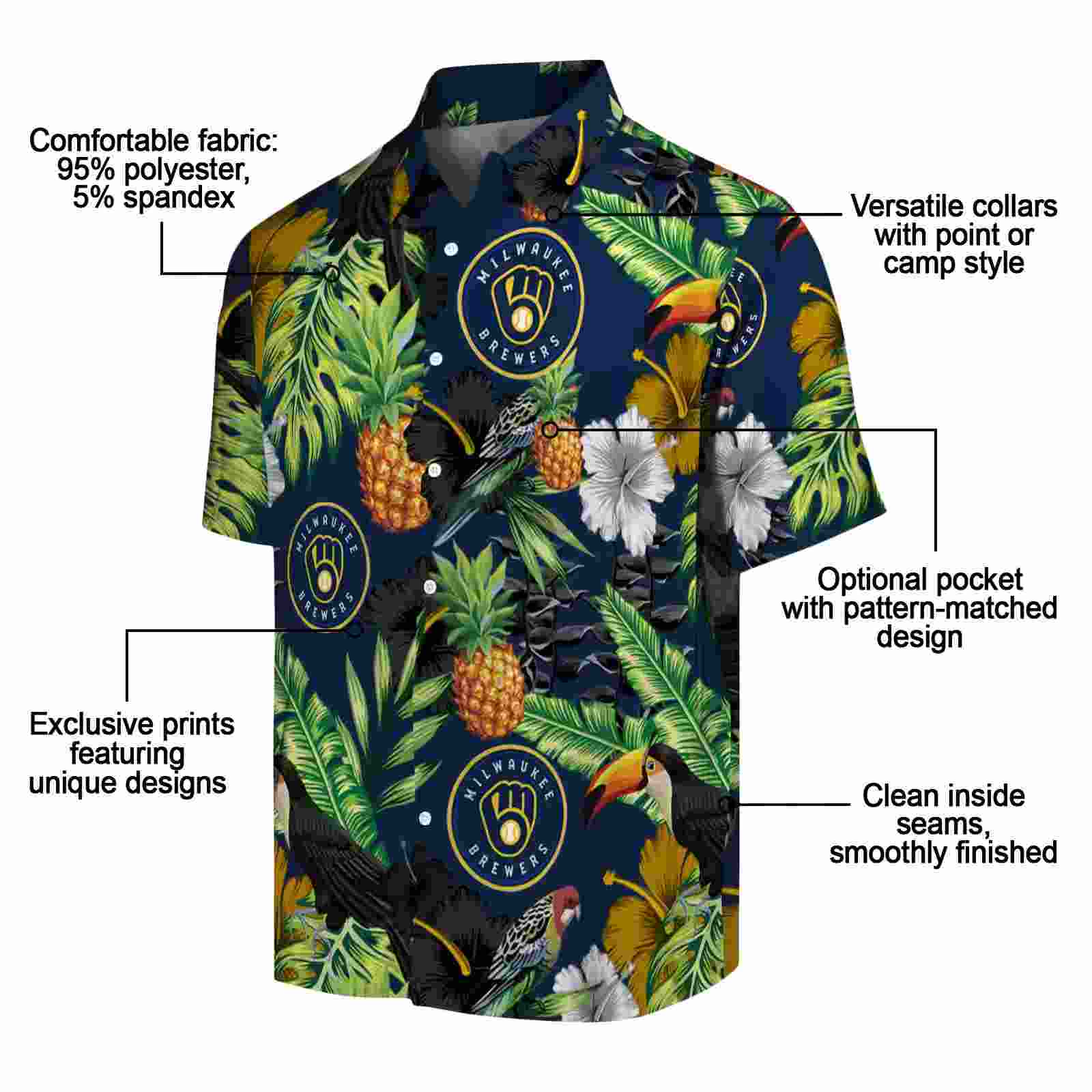 milwaukee brewers toucan hibiscus pineapple navy blue green hawaiian shirt new arrival