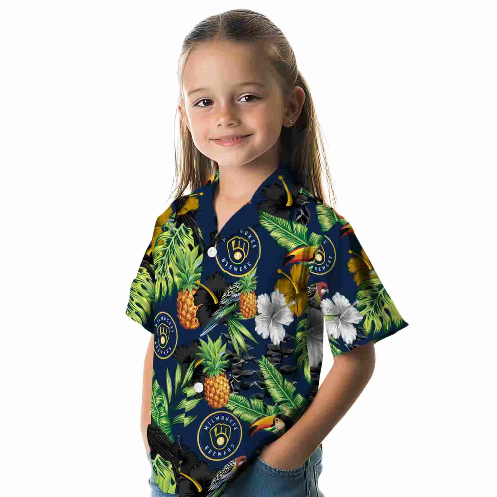 milwaukee brewers toucan hibiscus pineapple navy blue green hawaiian shirt premium grade