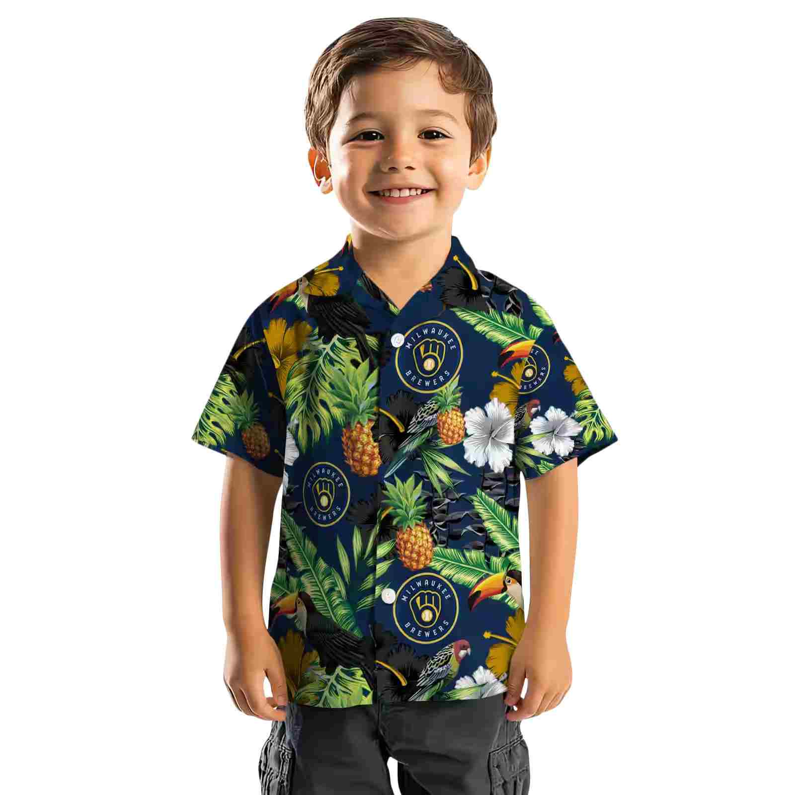 milwaukee brewers toucan hibiscus pineapple navy blue green hawaiian shirt top rated