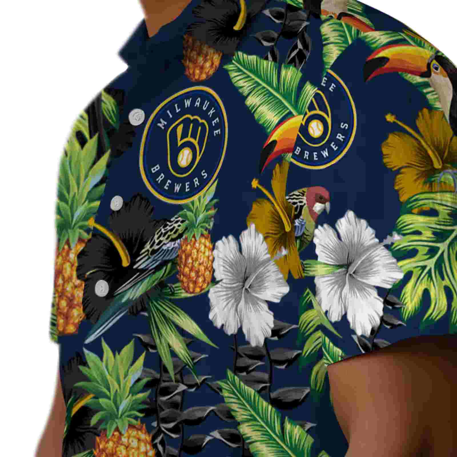 milwaukee brewers toucan hibiscus pineapple navy blue green hawaiian shirt trendy