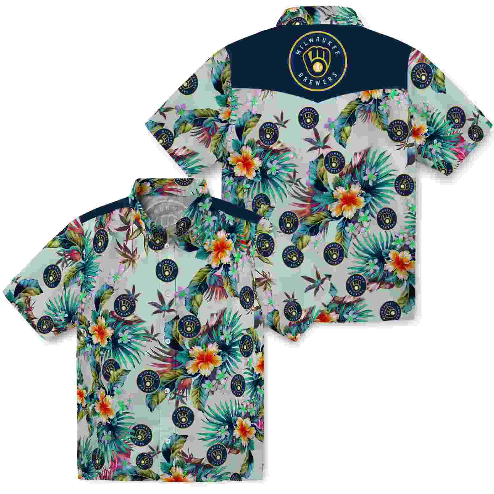 milwaukee brewers tropical foliage green hawaiian shirt high quality